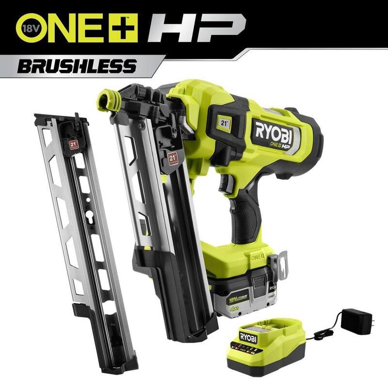 RYOBI ONE+ HP 18V Clavadora de estructuras sin escobillas inalámbrica AirStrike 21° Kit con batería de 4Ah, cargador y cargador de capacidad extendida de 21° - PBL345KN-A102EM211