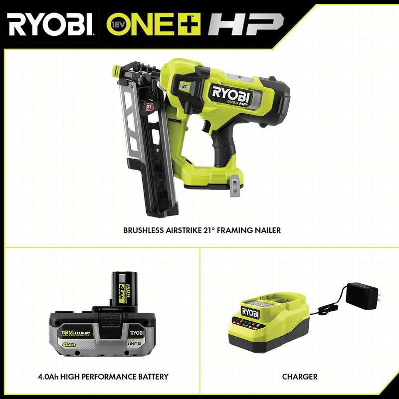 RYOBI ONE+ HP 18V Clavadora de estructuras sin escobillas inalámbrica AirStrike 21° Kit con batería de 4Ah, cargador y cargador de capacidad extendida de 21° - PBL345KN-A102EM211