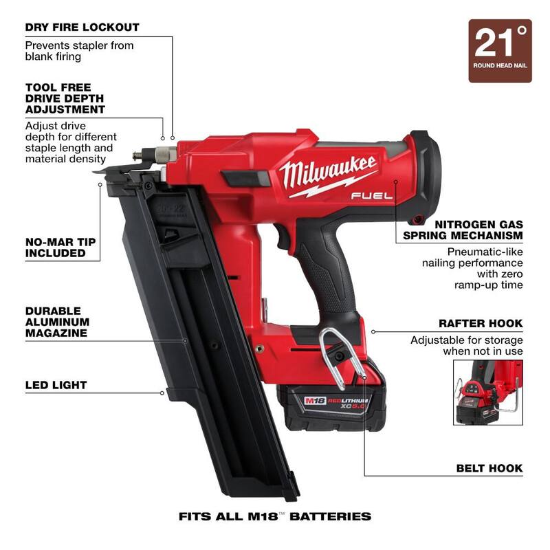Kit clavadora de armazones Milwaukee M18 FUEL de 18 voltios, 21 grados, 3-1/2 pulgadas, con tecnología de iones de litio sin escobillas y lentes de seguridad polarizados tintados - 2744-21-48-73-2045.