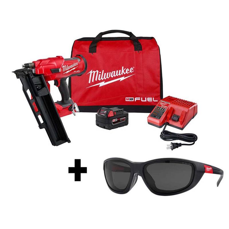 Kit clavadora de armazones Milwaukee M18 FUEL de 18 voltios, 21 grados, 3-1/2 pulgadas, con tecnología de iones de litio sin escobillas y lentes de seguridad polarizados tintados - 2744-21-48-73-2045.