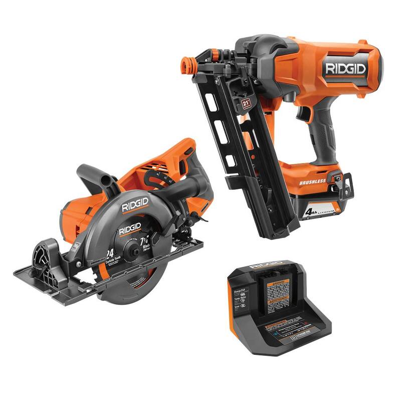 Kit de clavadora para marco sin escobillas RIDGID 18V con ángulo de 21° con sierra circular de mango trasero de 7-1/4 in. sin escobillas RIDGID 18V, batería de 4.0 Ah y cargador - R09894KN-R8658B.