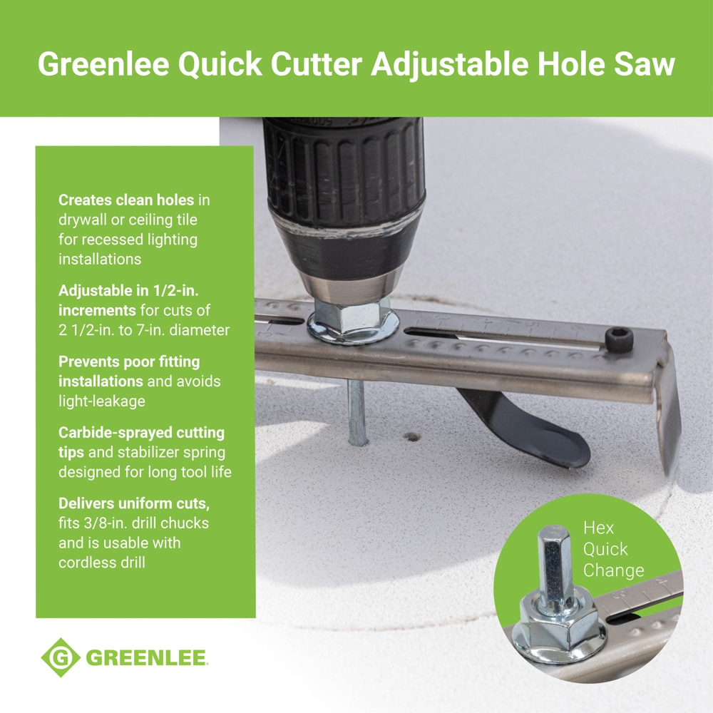 Sierra de perforación ajustable con broca de carburo de Greenlee para empotrados de iluminación de 2-1/2 a 7 pulgadas