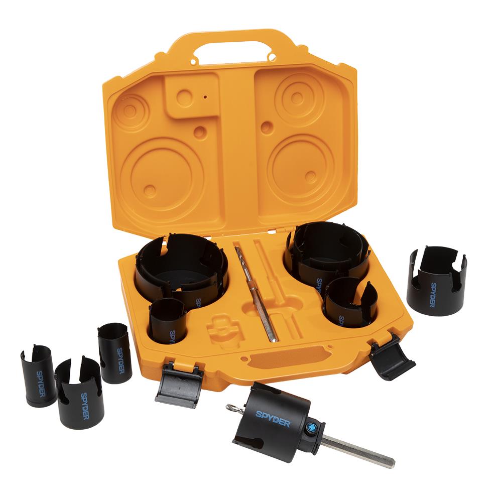 Kit de sierra perforadora ajustable con punta de carburo para taladro Spyder con adaptador arborizado (14 piezas) en estuche rígido 600880