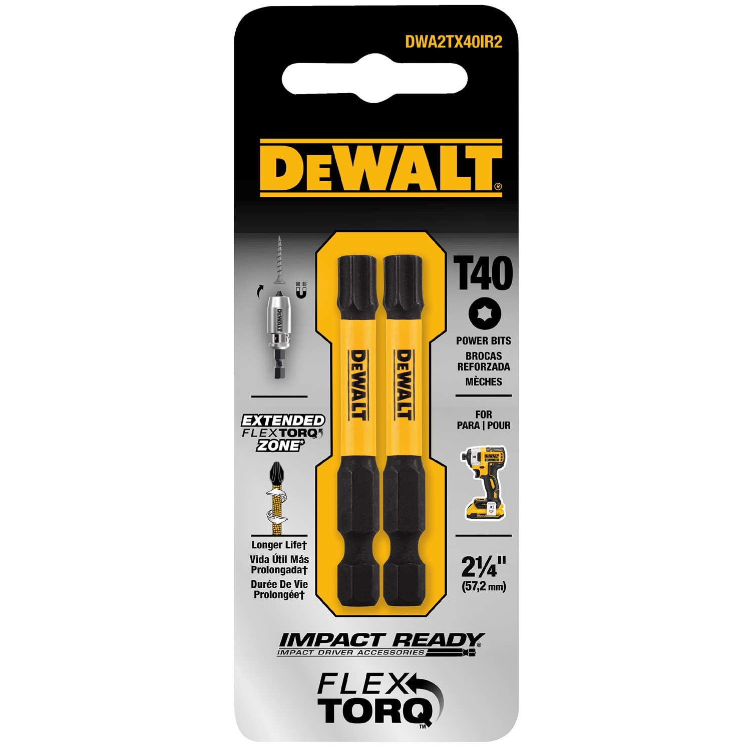 Punta destornilladora de impacto Torx FlexTorq de 1/4 pulgadas x 2-1/4 pulgadas en pieza individual 2 -Piezas DWA2TX40IR2-Z