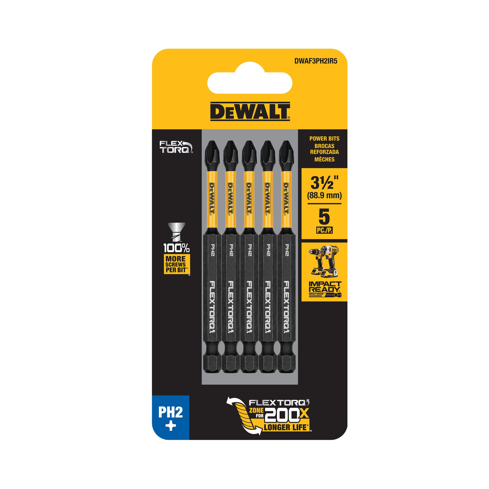 Punta para Impacto Phillips DEWALT 1/4 pulg. x 3-1/2 pulg. Individual, Paquete de 5 piezas