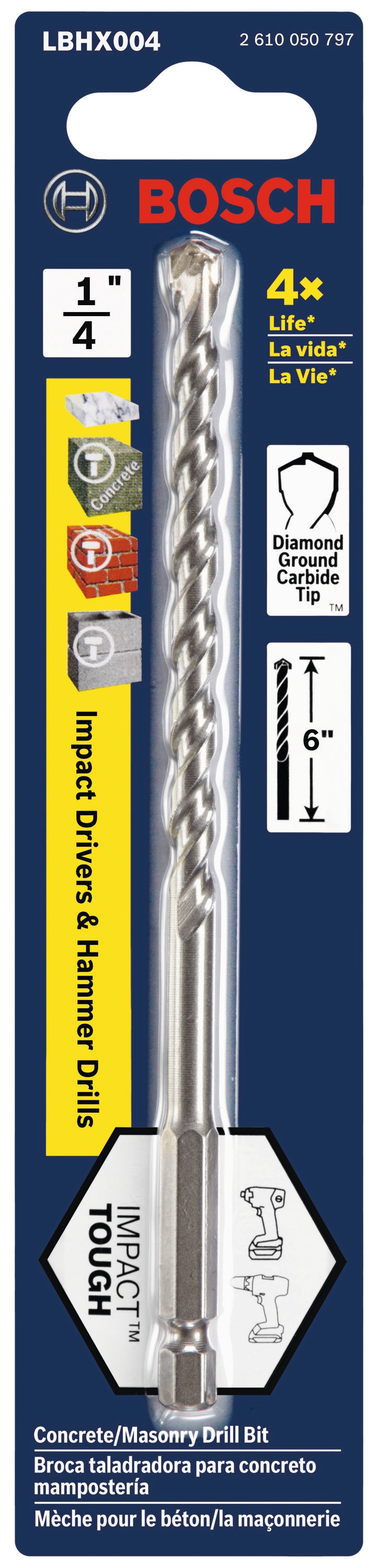 Broca de acero de alta velocidad de 1/4 pulgadas x 6 pulgadas Bosch Impact Tough para taladro percutor LBHX004