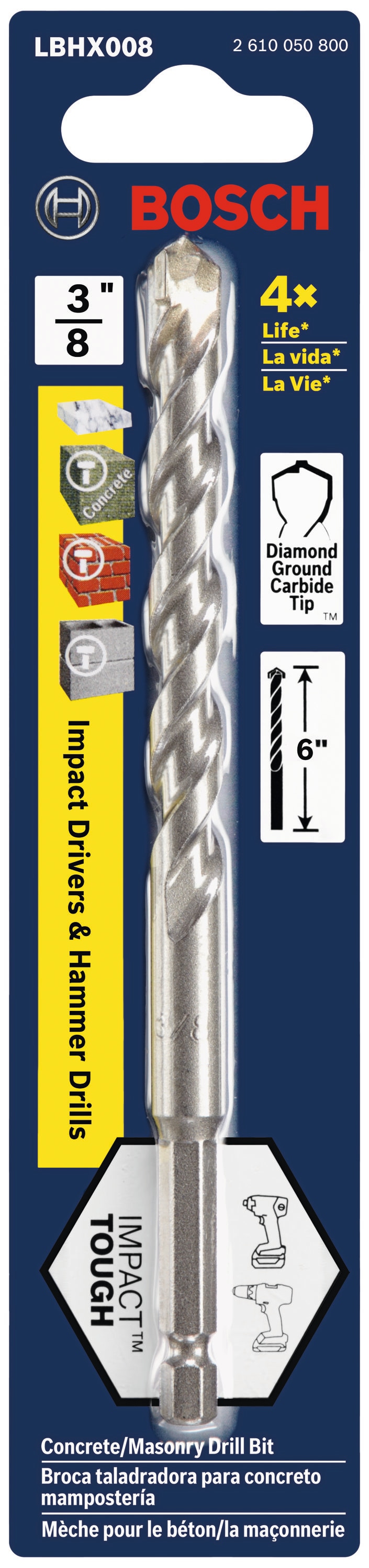 Broca de alta velocidad de acero para taladro martillo Impact Tough de Bosch de 3/8 pulgadas x 6 pulgadas LBHX008.
