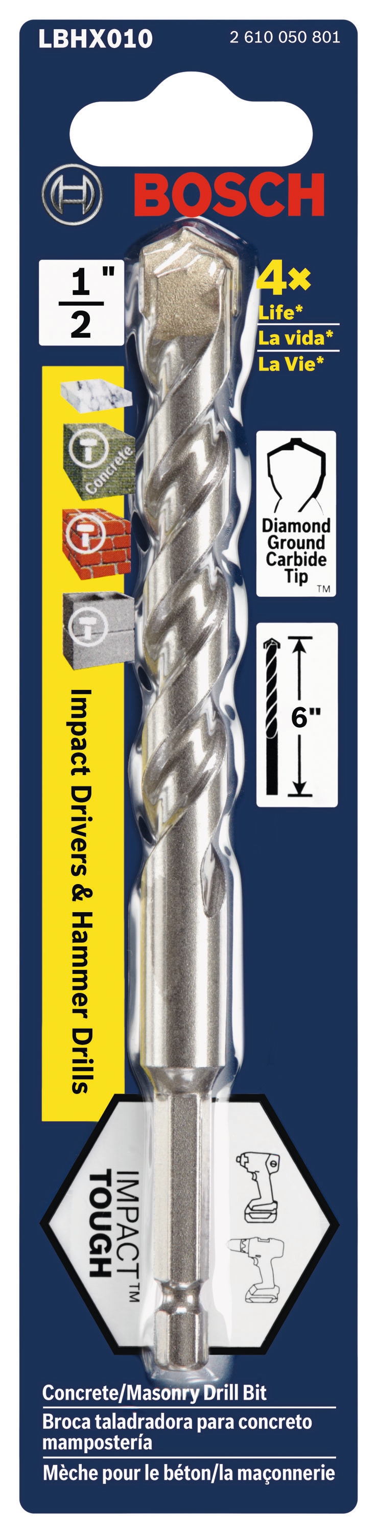 Broca para taladro de martillo de acero de alta velocidad Bosch Impact Tough de 1/2 pulgadas x 6 pulgadas LBHX010