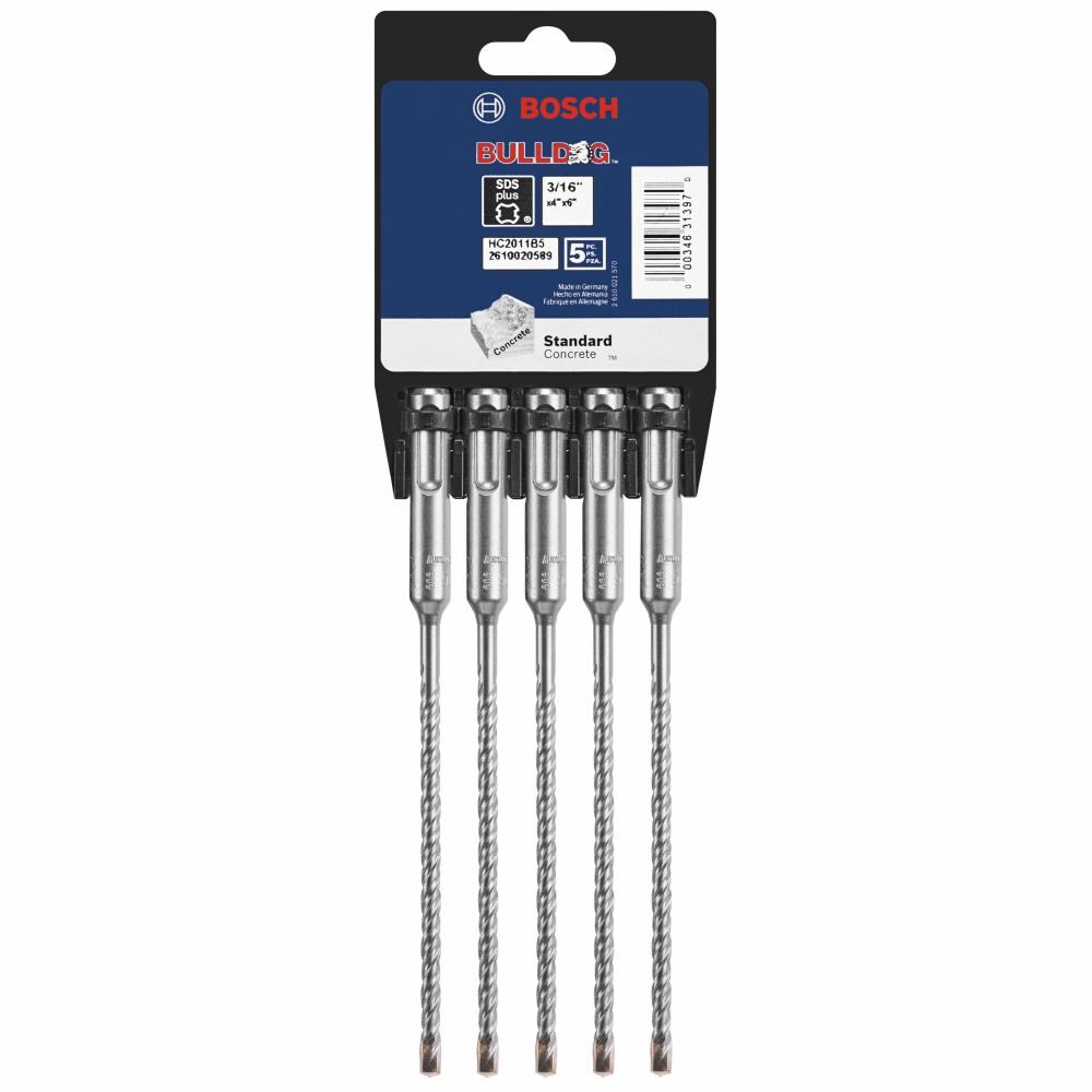Broca de Carburo para Albañilería Bosch Bulldog de 5 piezas de 3/16 pulgadas x 6 pulgadas para Taladro SDS-plus HC2011B5