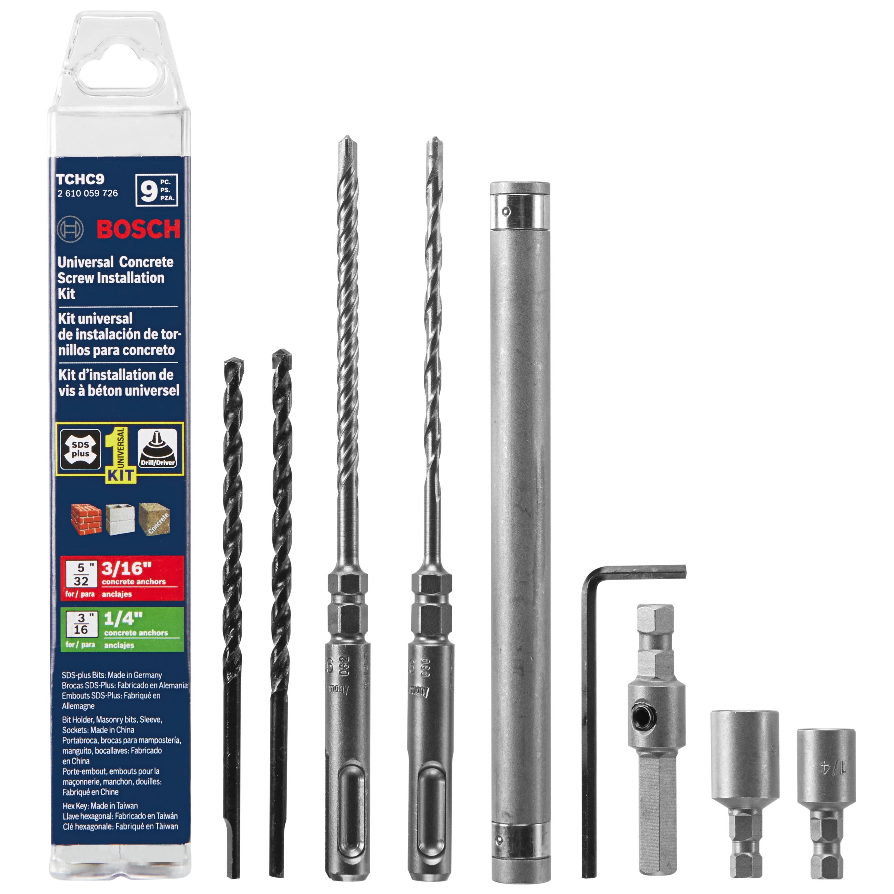 Broca de mampostería de carburo de 5/32 pulgadas x 6 pulgadas de 9 piezas Bosch para taladro SDS-plus TCHC9