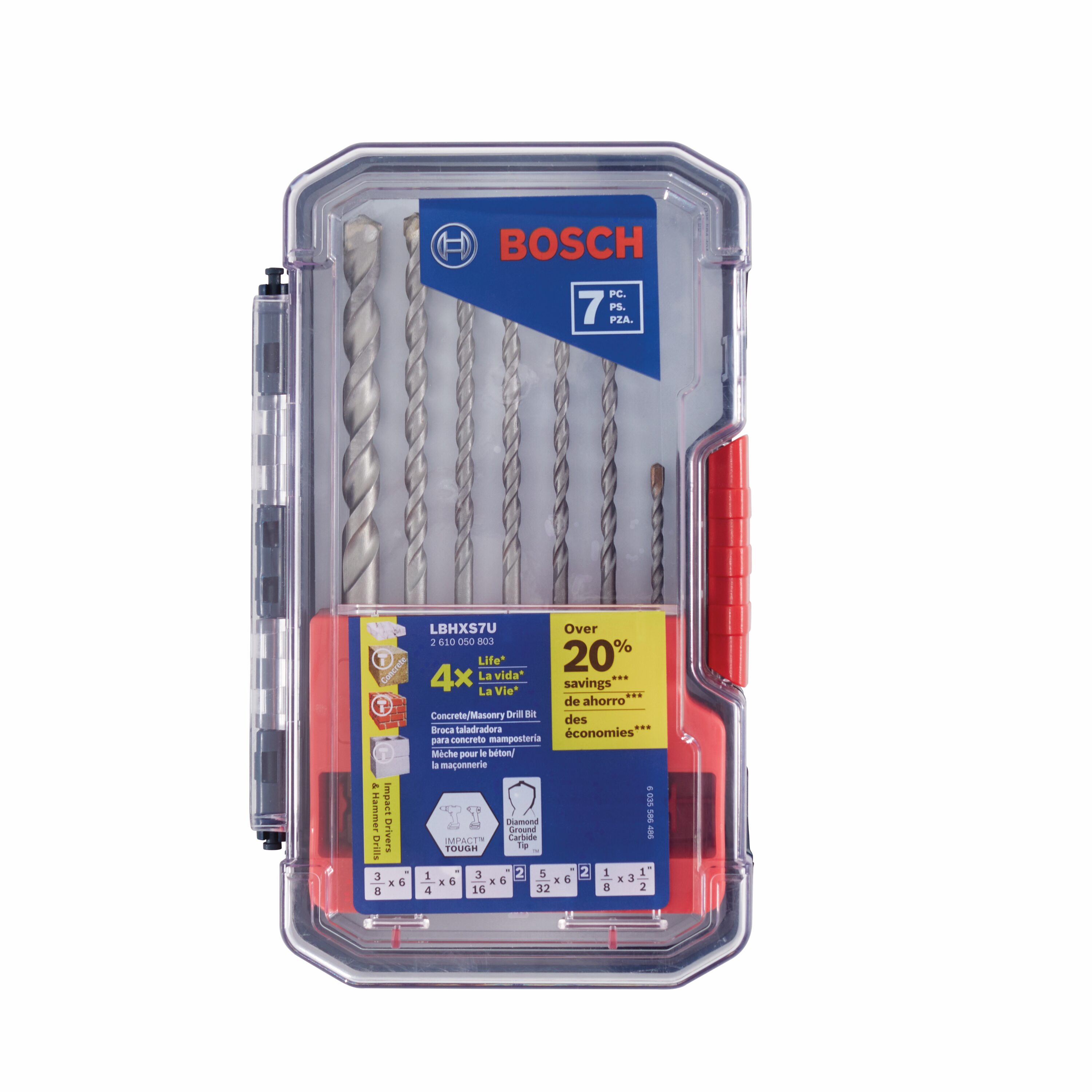 Set de 7 brocas para taladro percutor de acero de alta velocidad Bosch Impact Tough LBHXS7U.