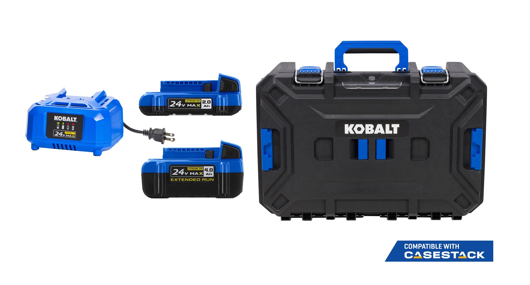 Kit de Inicio con Caballete y Baterías de Iones de Litio en Paquete Doble de 24 V Kobalt (2 Ah y 4 Ah)