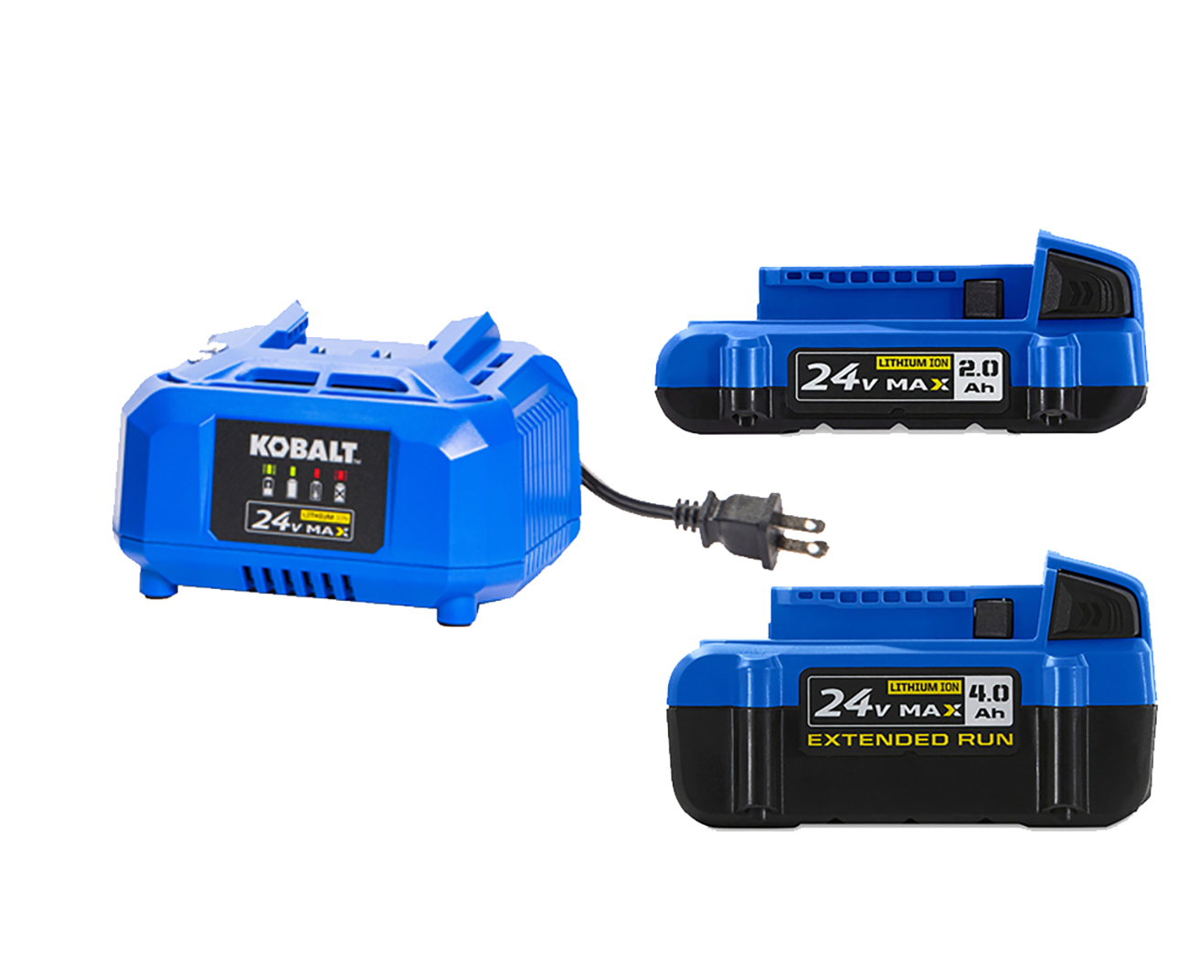 Kit de Inicio con Caballete y Baterías de Iones de Litio en Paquete Doble de 24 V Kobalt (2 Ah y 4 Ah)