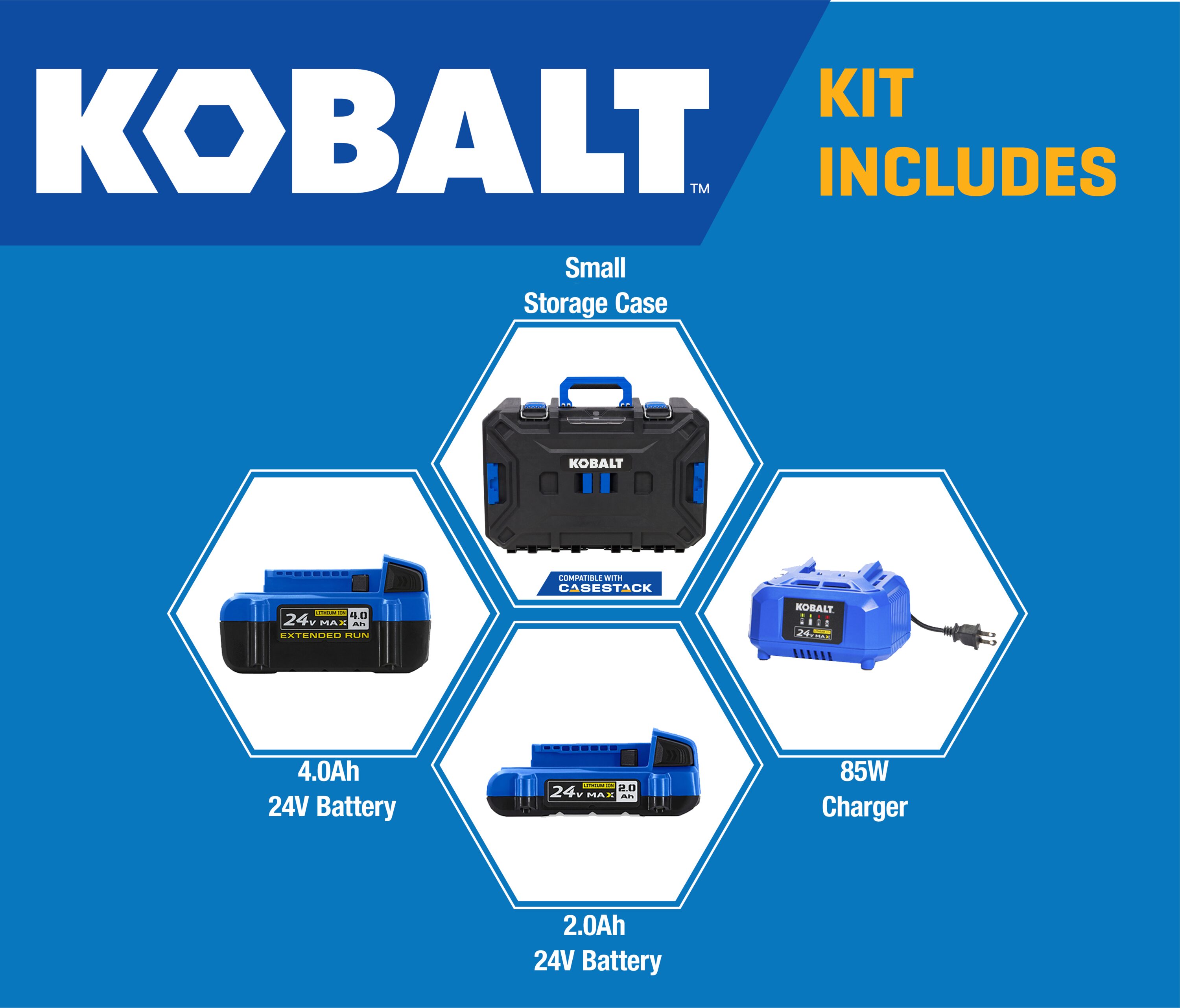 Kit de Inicio con Caballete y Baterías de Iones de Litio en Paquete Doble de 24 V Kobalt (2 Ah y 4 Ah)