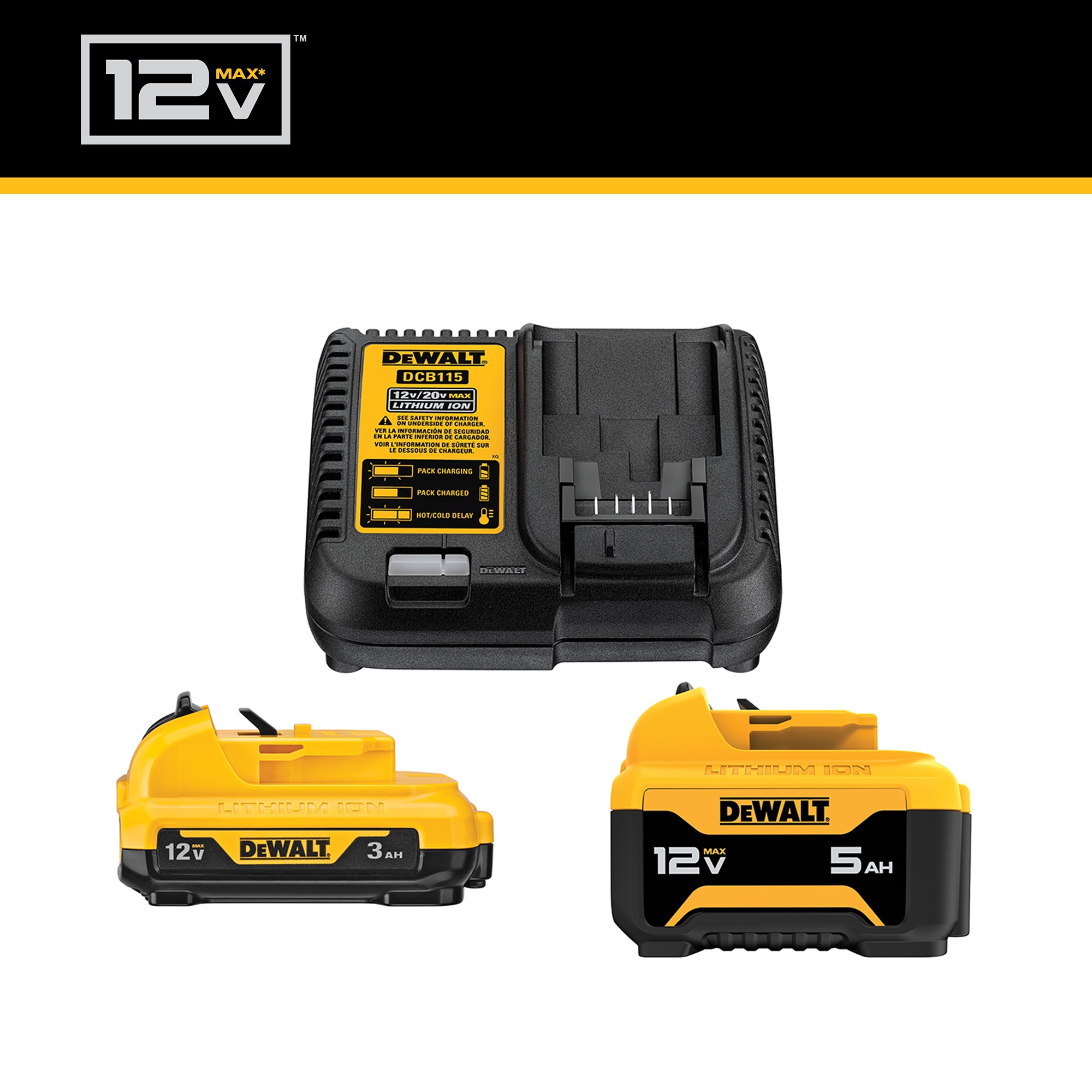 Batería de iones de litio DEWALT de 12 V en paquete doble con cargador (3 Ah y 5 Ah) DCB135C