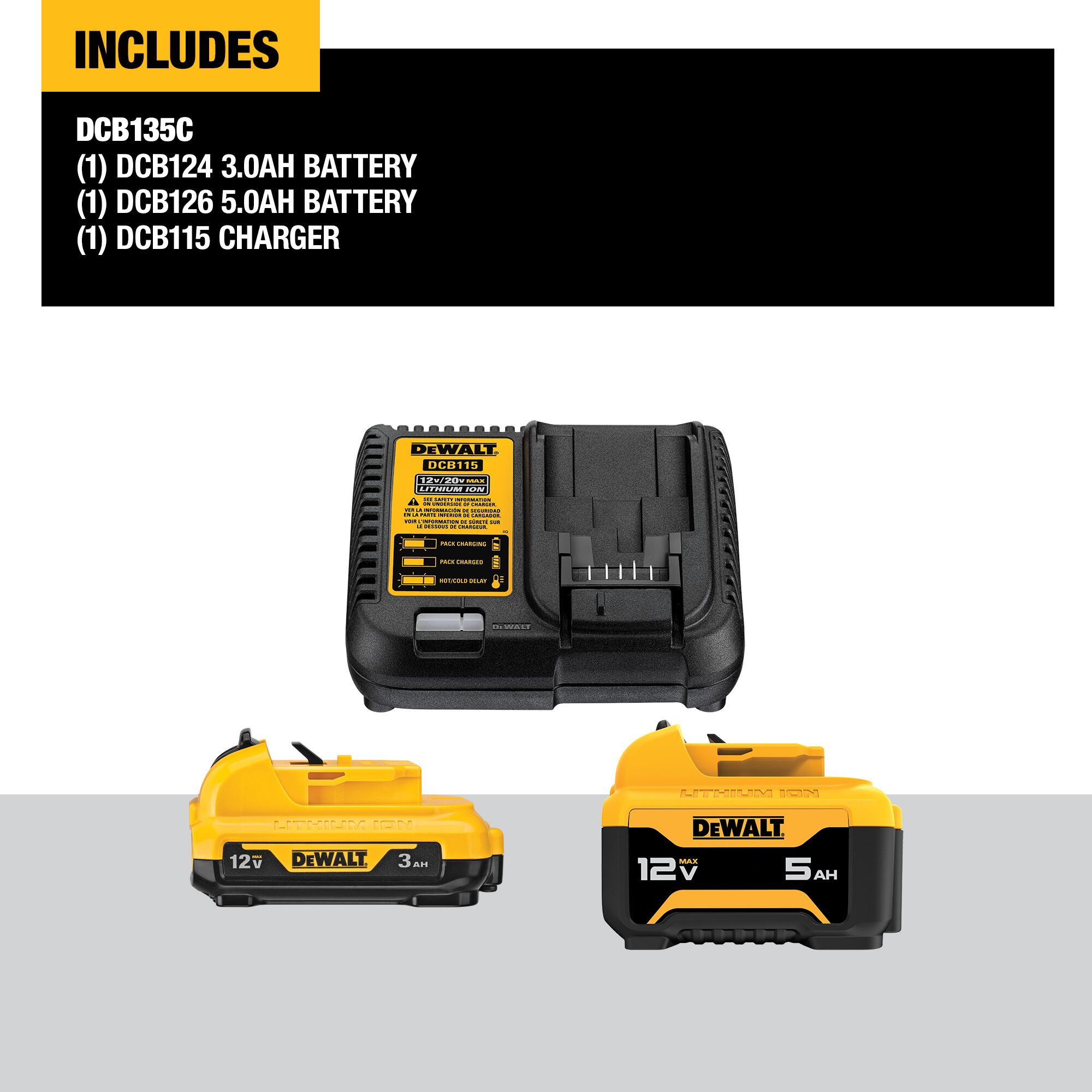 Batería de iones de litio DEWALT de 12 V en paquete doble con cargador (3 Ah y 5 Ah) DCB135C