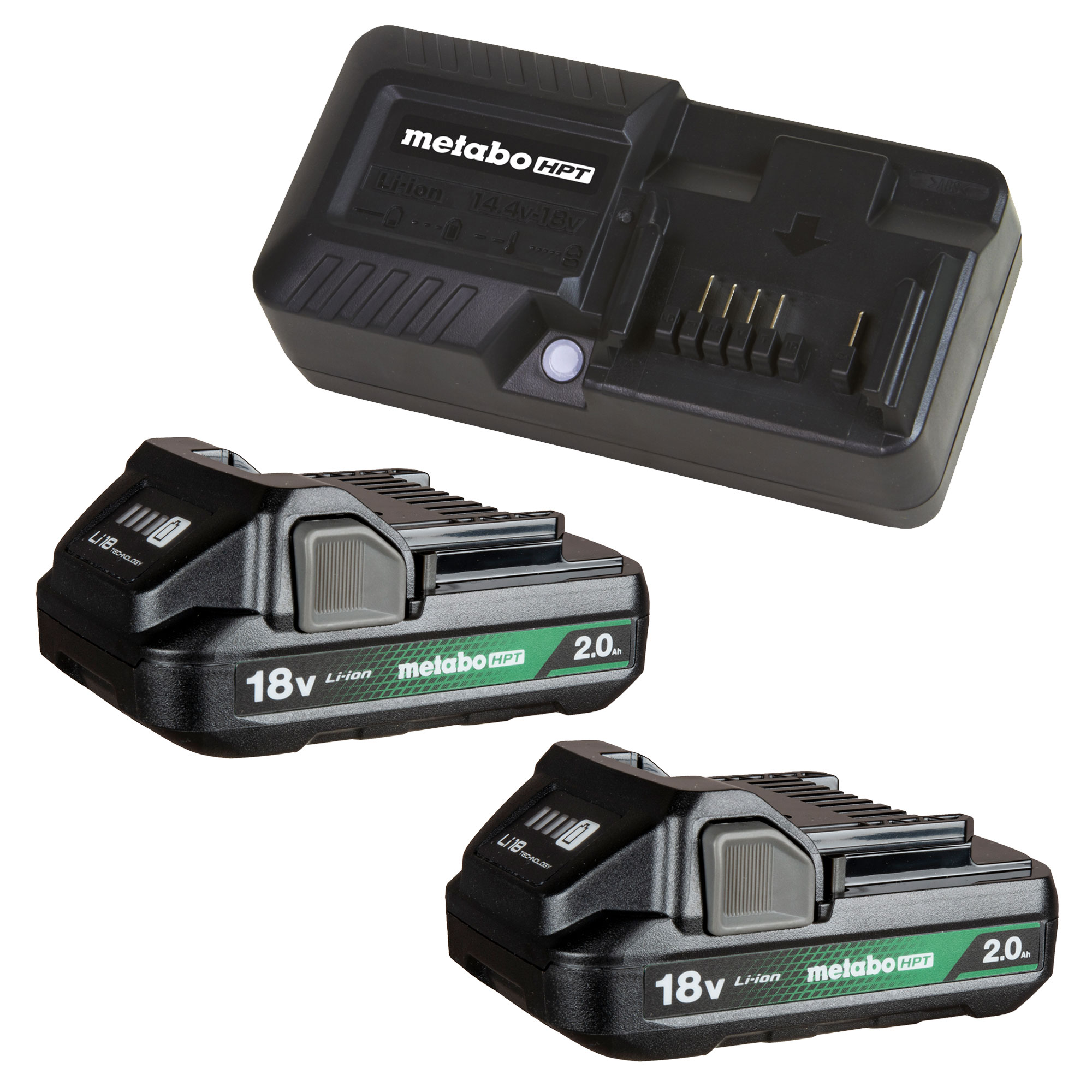 Batería de iones de litio y cargador MultiVolt 18-V de Metabo HPT (2 paquetes, 2 Ah) UC18YKSLSM