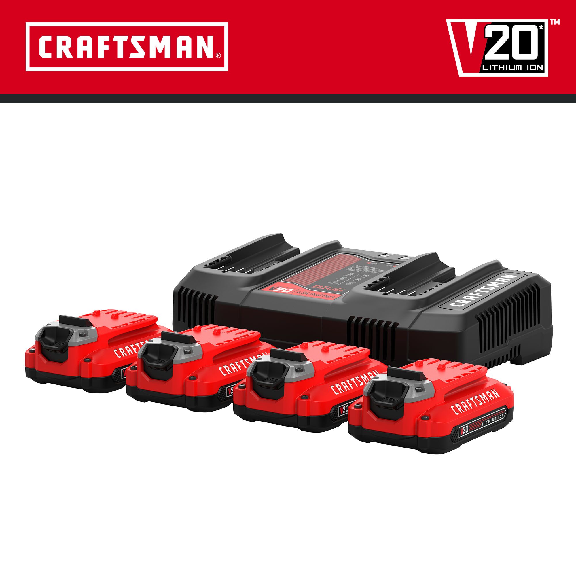 Paquete de 4 baterías de iones de litio y cargador CRAFTSMAN V20 20-V (1.5 Ah)