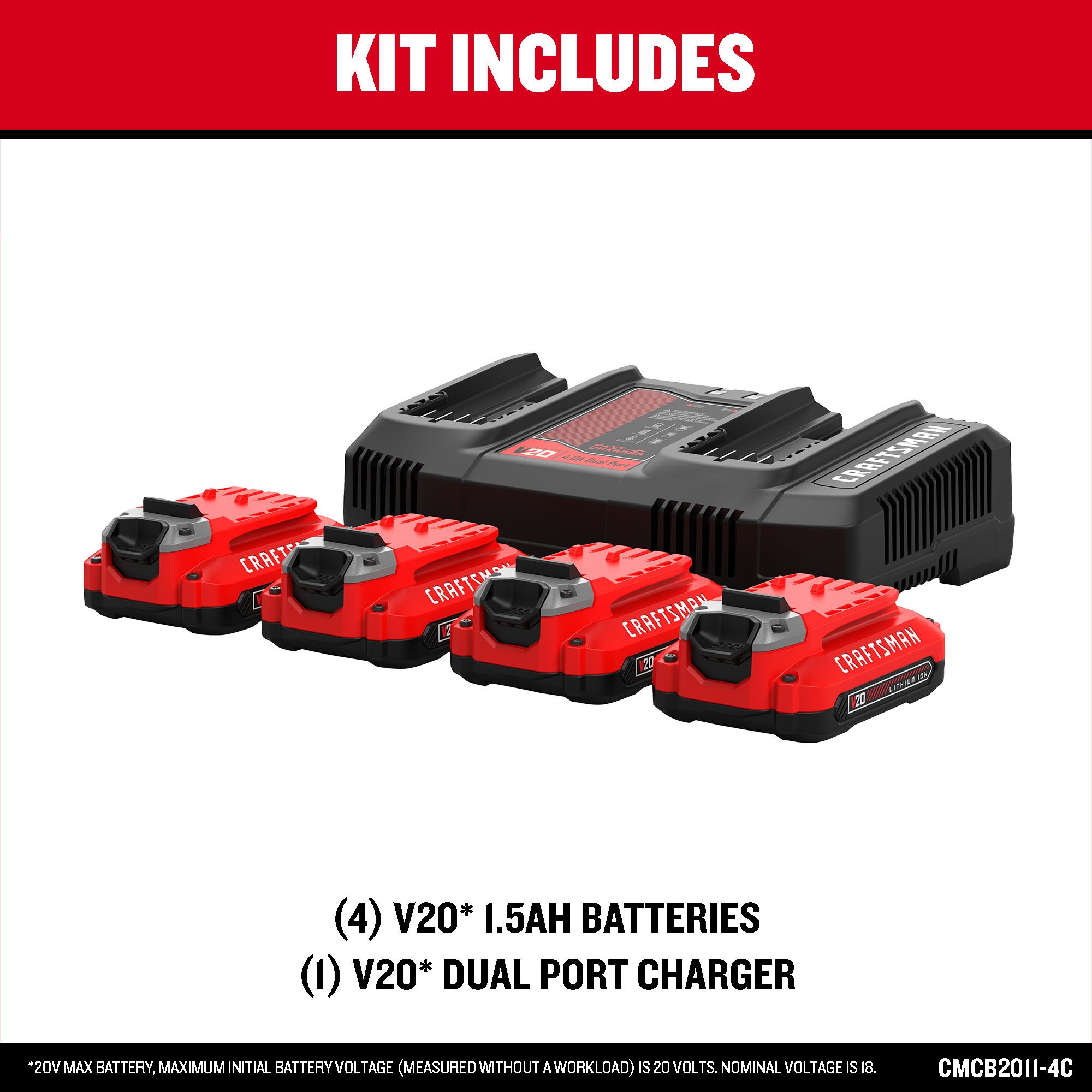 Paquete de 4 baterías de iones de litio y cargador CRAFTSMAN V20 20-V (1.5 Ah)