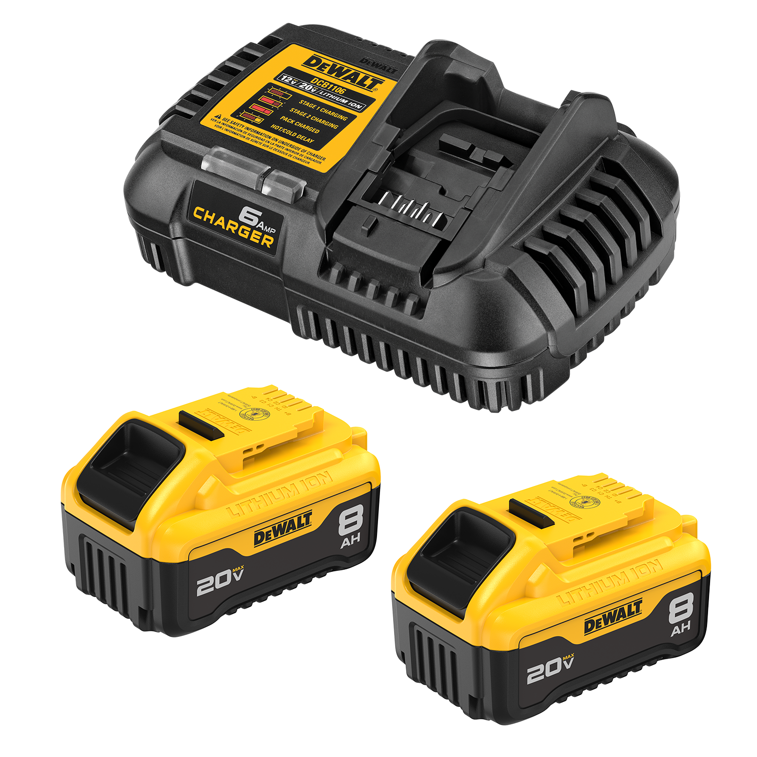 Paquete de 2 baterías de 20V de ion de litio y cargador DEWALT (8 Ah) DCB208-2C