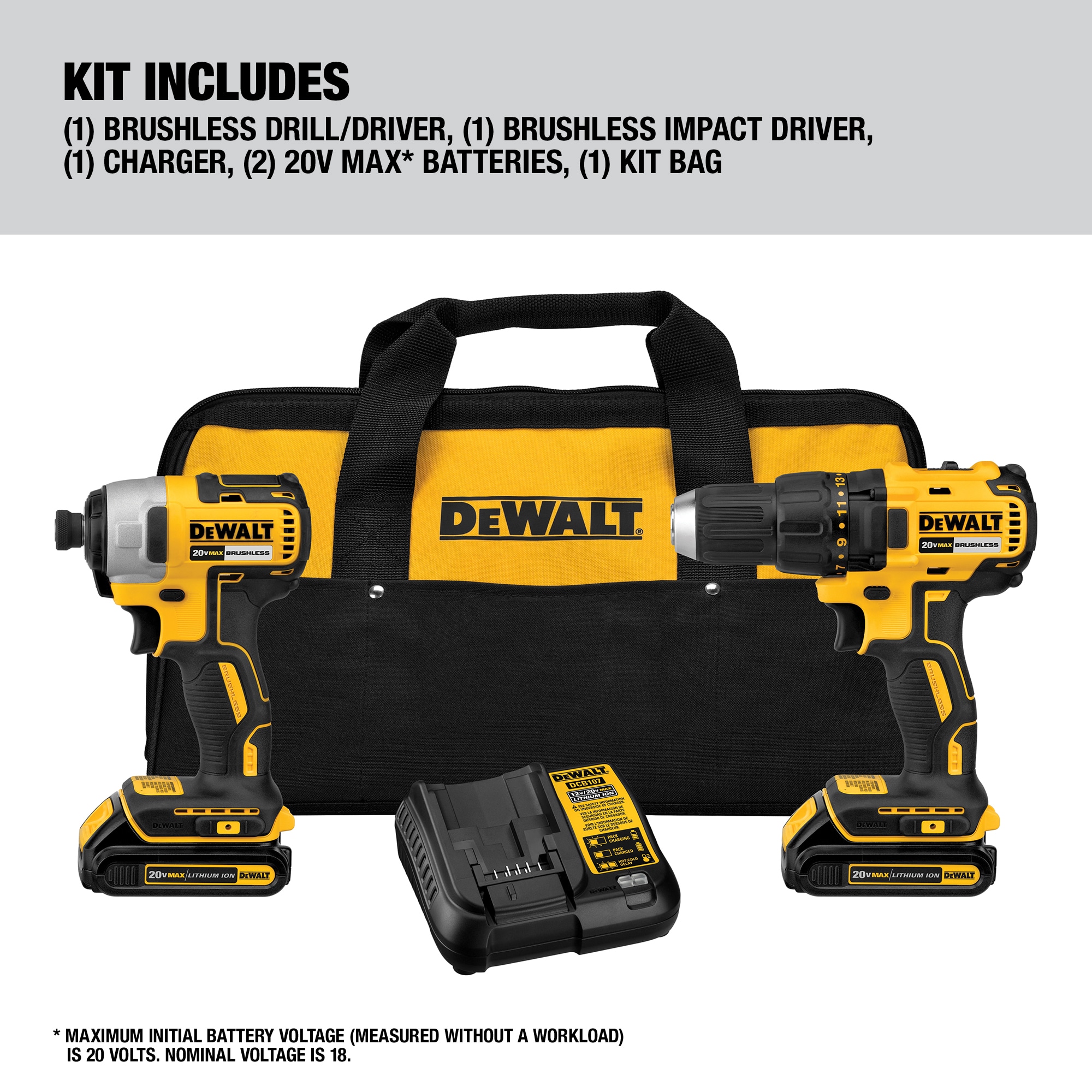 Kit combinado de 2 herramientas eléctricas sin escobillas DEWALT de 20 voltios con estuche suave (incluye 2 baterías y cargador) DCK277C2