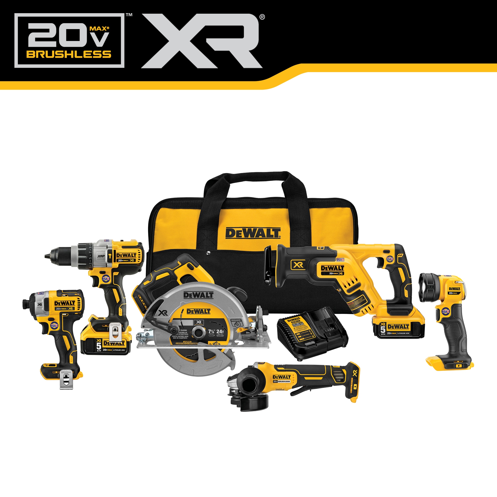 Kit Combo de Herramientas DEWALT XR con 6 Herramientas sin Escobillas de 20 Voltios Max, Estuche Blando (Incluye 2 Baterías y Cargador) DCK695P2