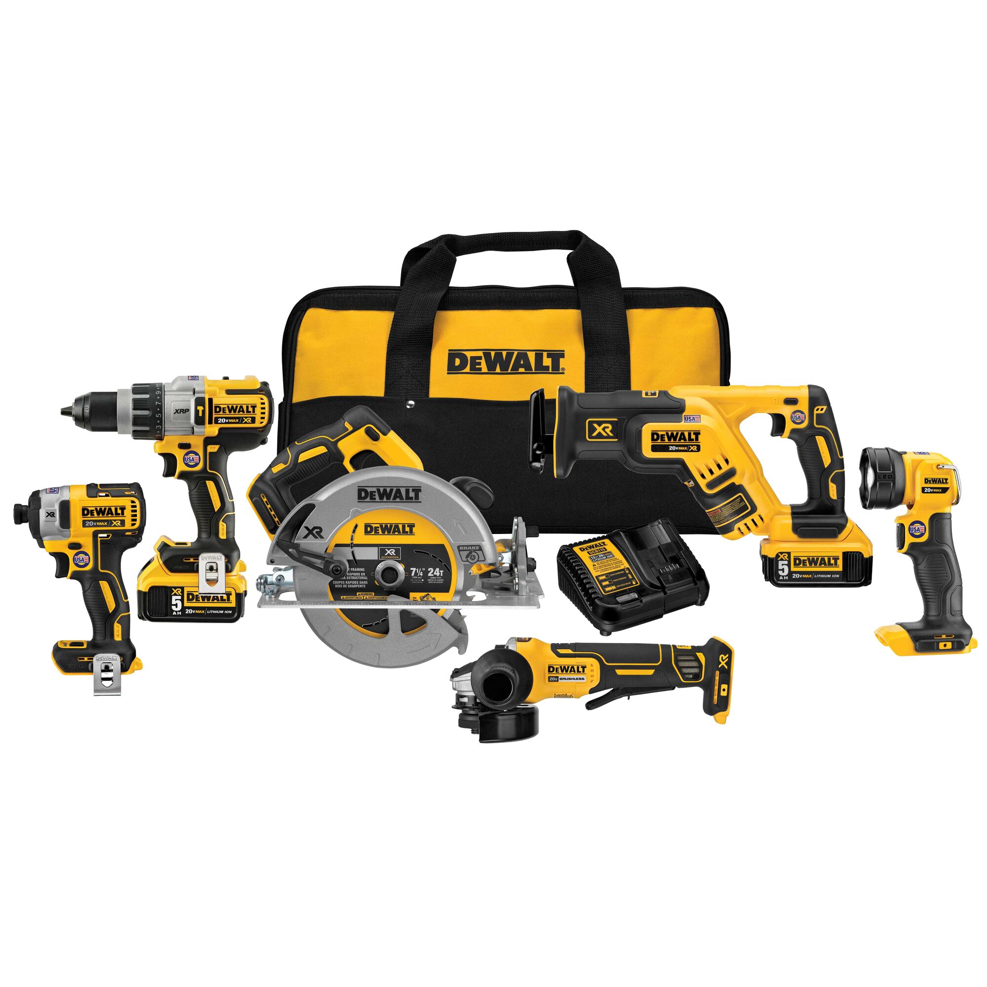 Kit Combo de Herramientas DEWALT XR con 6 Herramientas sin Escobillas de 20 Voltios Max, Estuche Blando (Incluye 2 Baterías y Cargador) DCK695P2