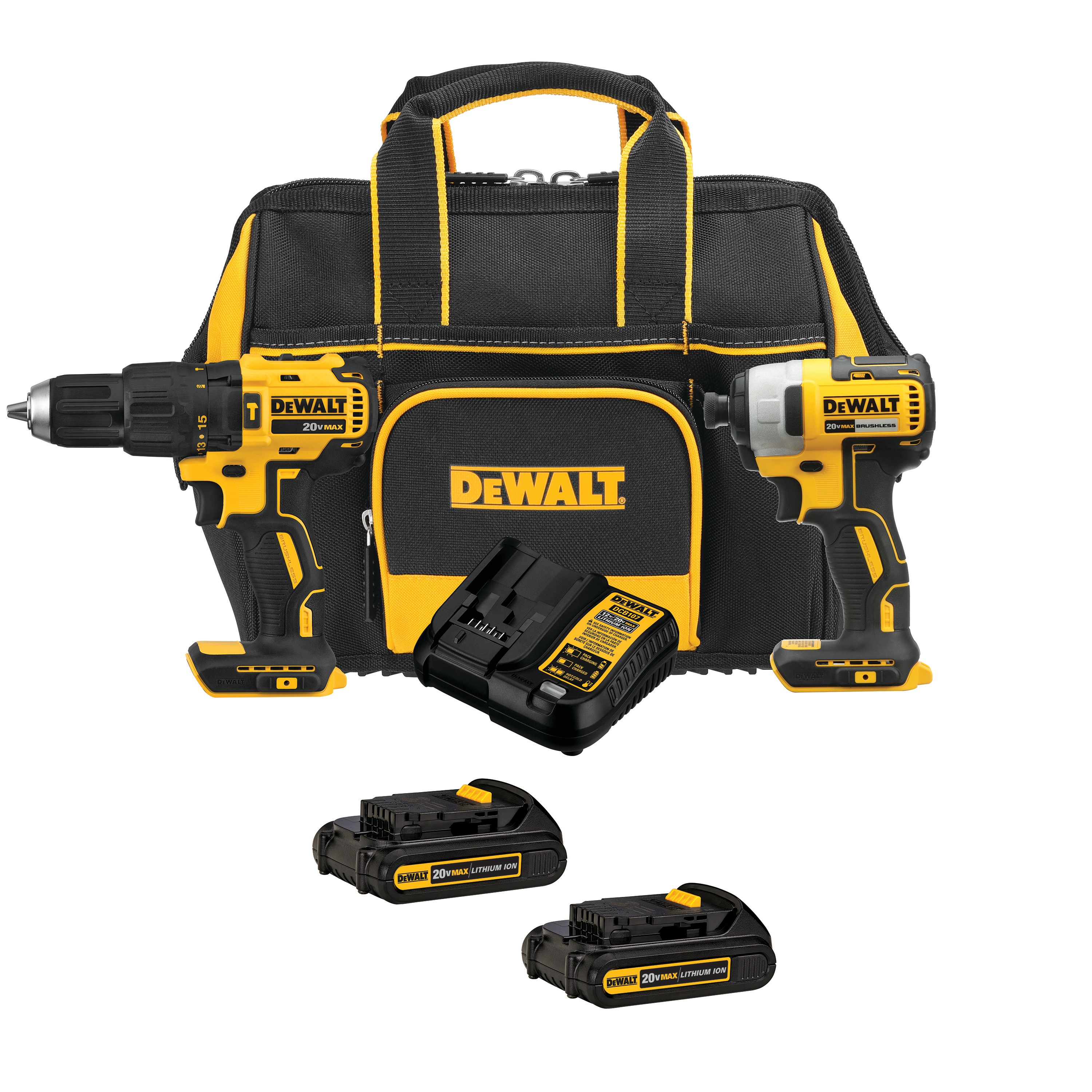 Kit de combo de herramientas eléctricas sin escobillas DEWALT de 2 piezas de 20 voltios con estuche suave (incluye 2 baterías y cargador)