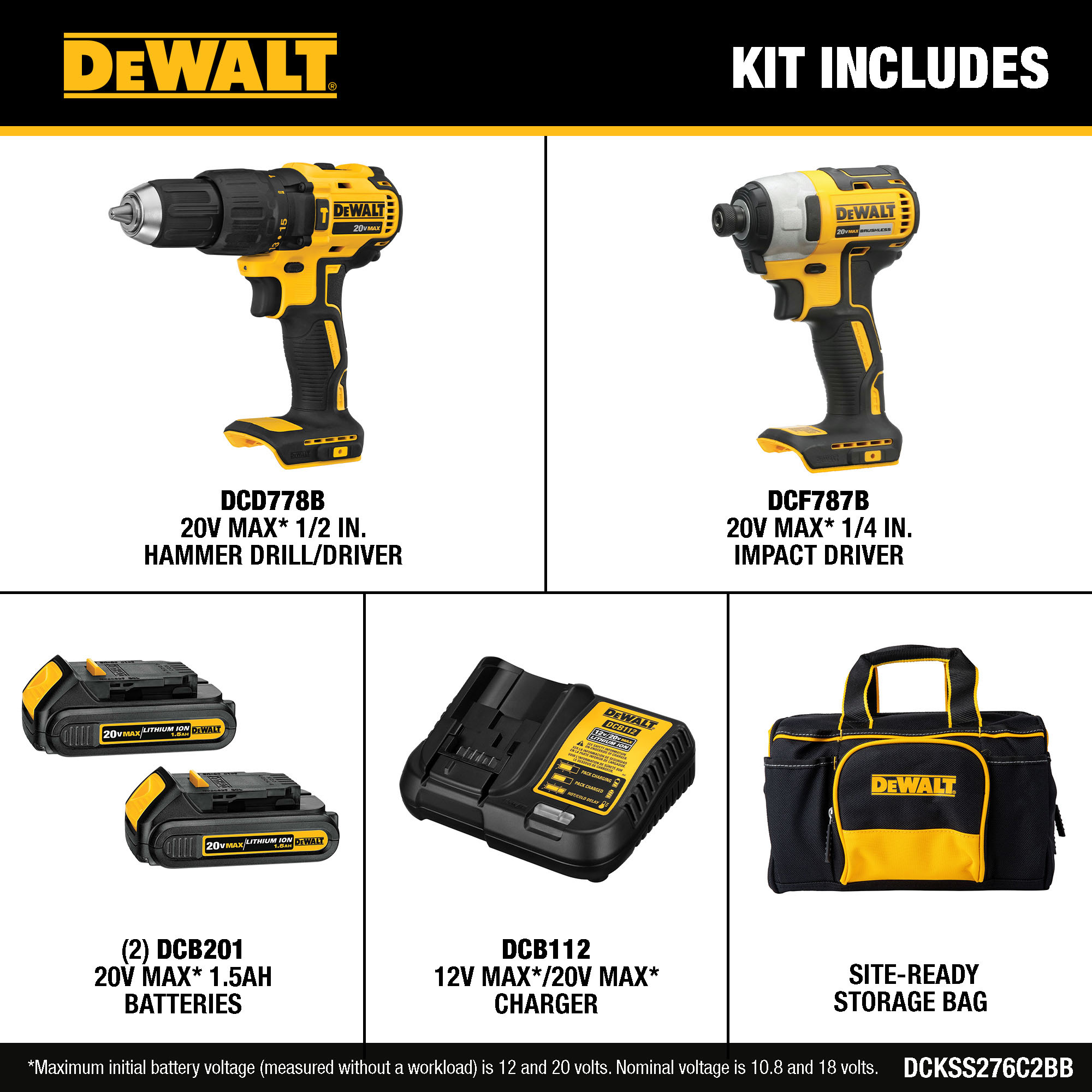Kit de combo de herramientas eléctricas sin escobillas DEWALT de 2 piezas de 20 voltios con estuche suave (incluye 2 baterías y cargador)