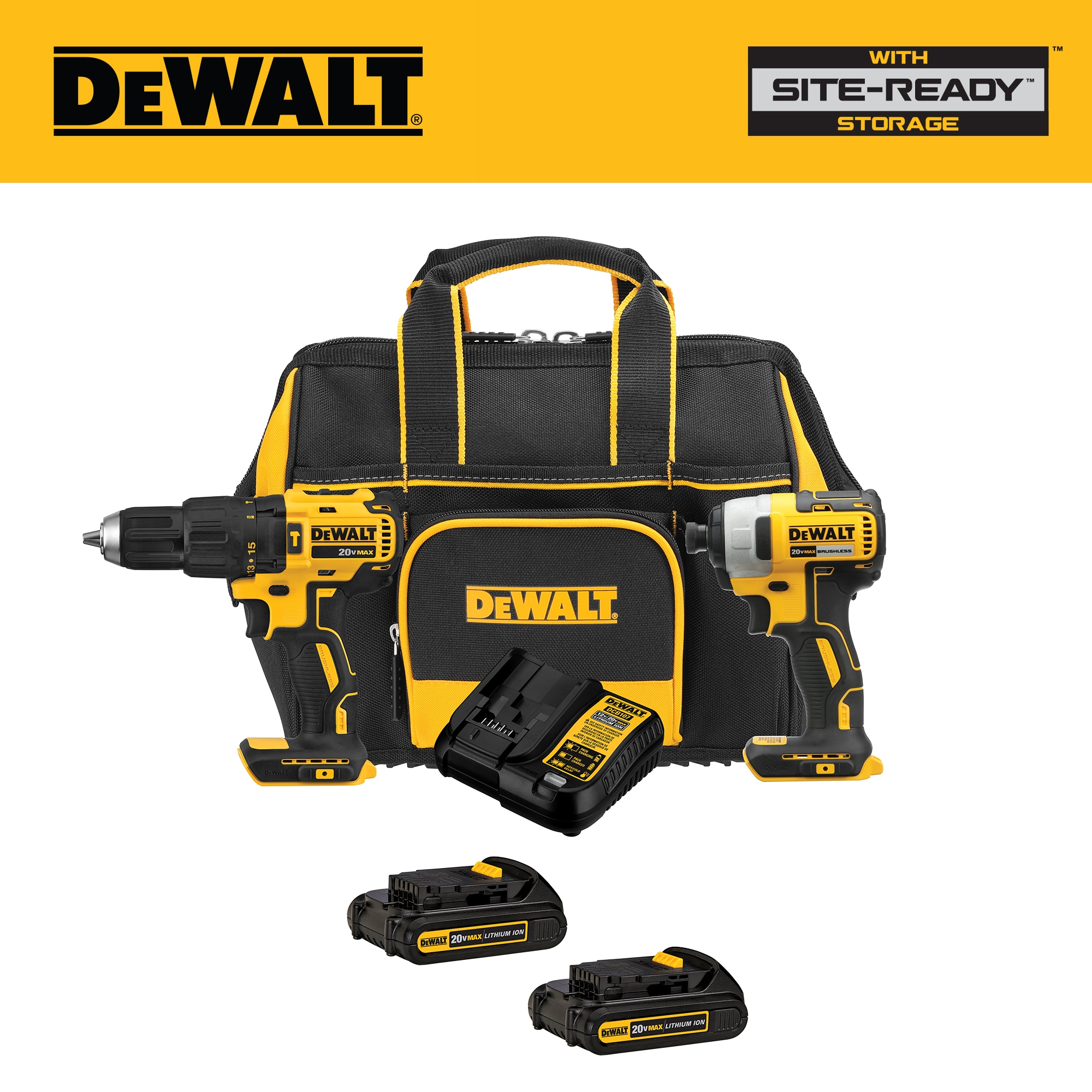 Kit de combo de herramientas eléctricas sin escobillas DEWALT de 2 piezas de 20 voltios con estuche suave (incluye 2 baterías y cargador)
