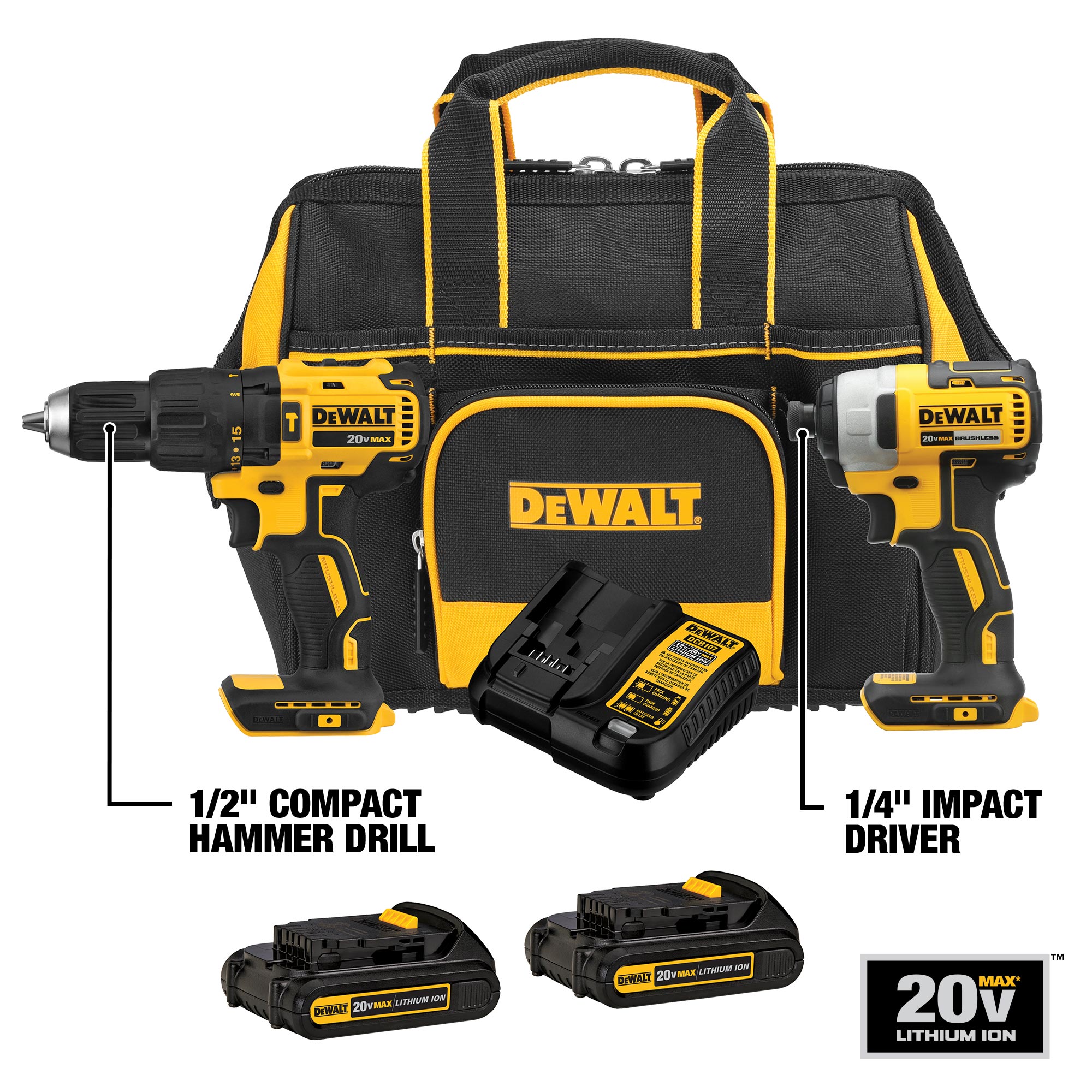 Kit de combo de herramientas eléctricas sin escobillas DEWALT de 2 piezas de 20 voltios con estuche suave (incluye 2 baterías y cargador)