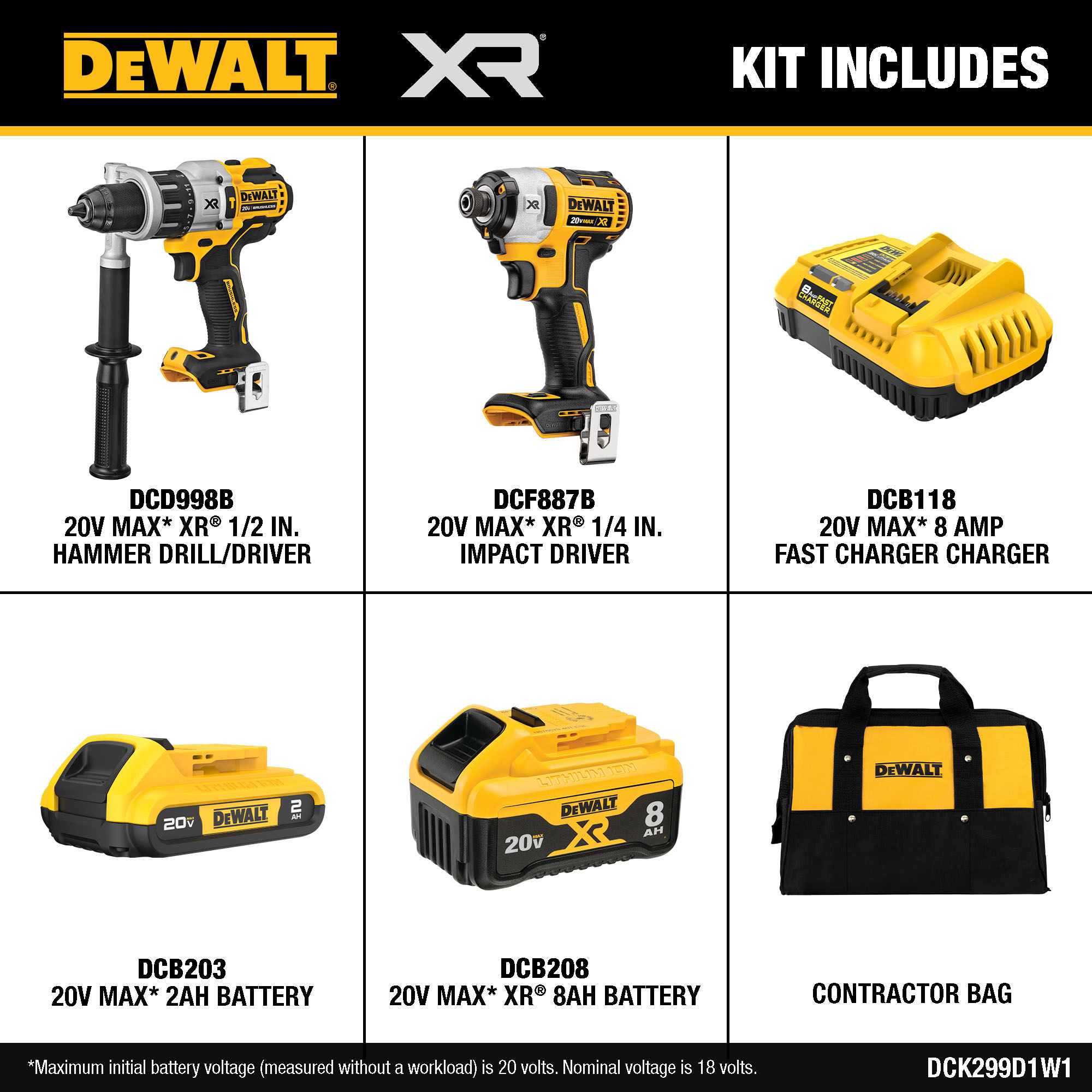 Kit de combo DEWALT XR POWER DETECT de 2 herramientas inalámbricas sin escobillas de 20 voltios con estuche suave (incluye 2 baterías y cargador) DCK299D1W1.