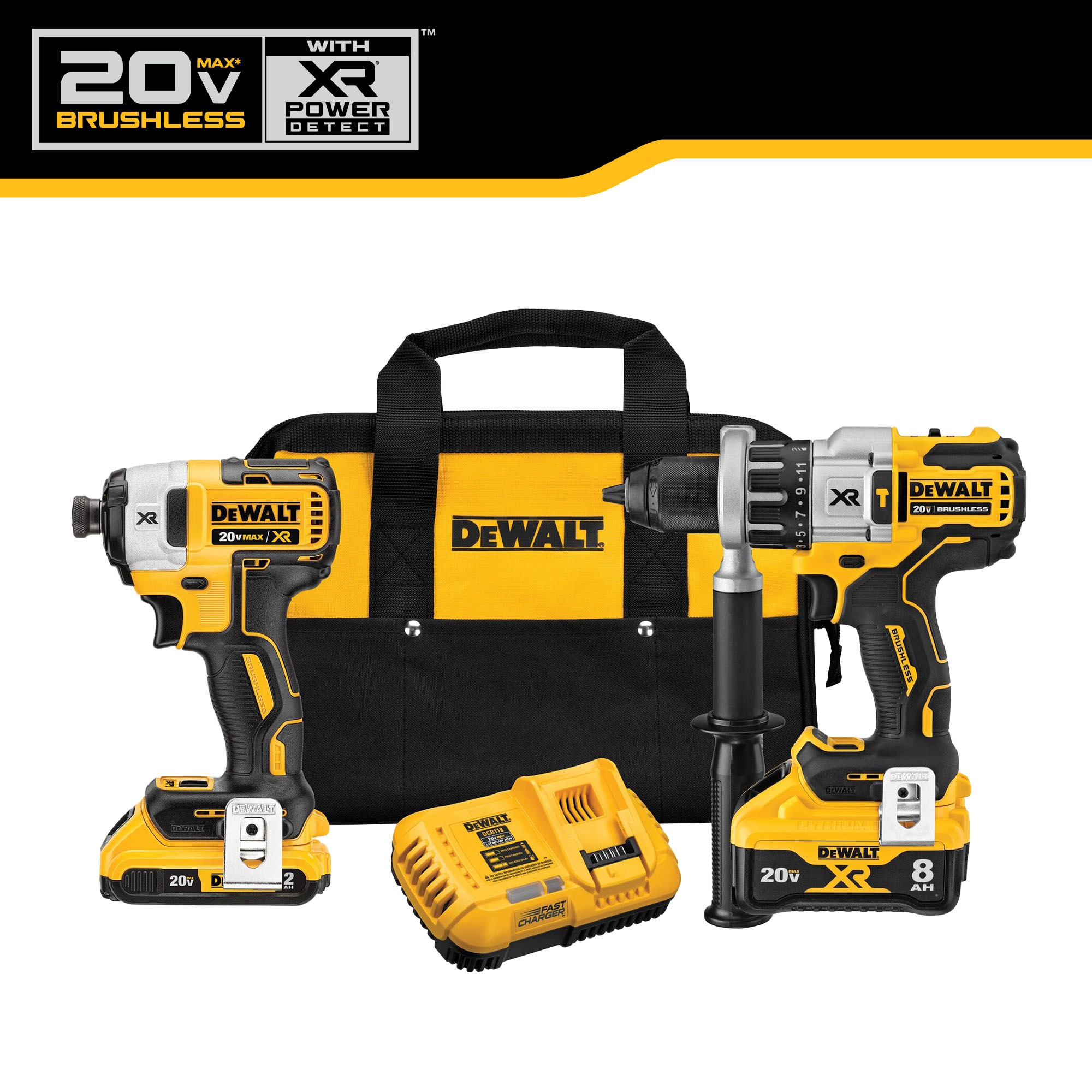 Kit de combo DEWALT XR POWER DETECT de 2 herramientas inalámbricas sin escobillas de 20 voltios con estuche suave (incluye 2 baterías y cargador) DCK299D1W1.