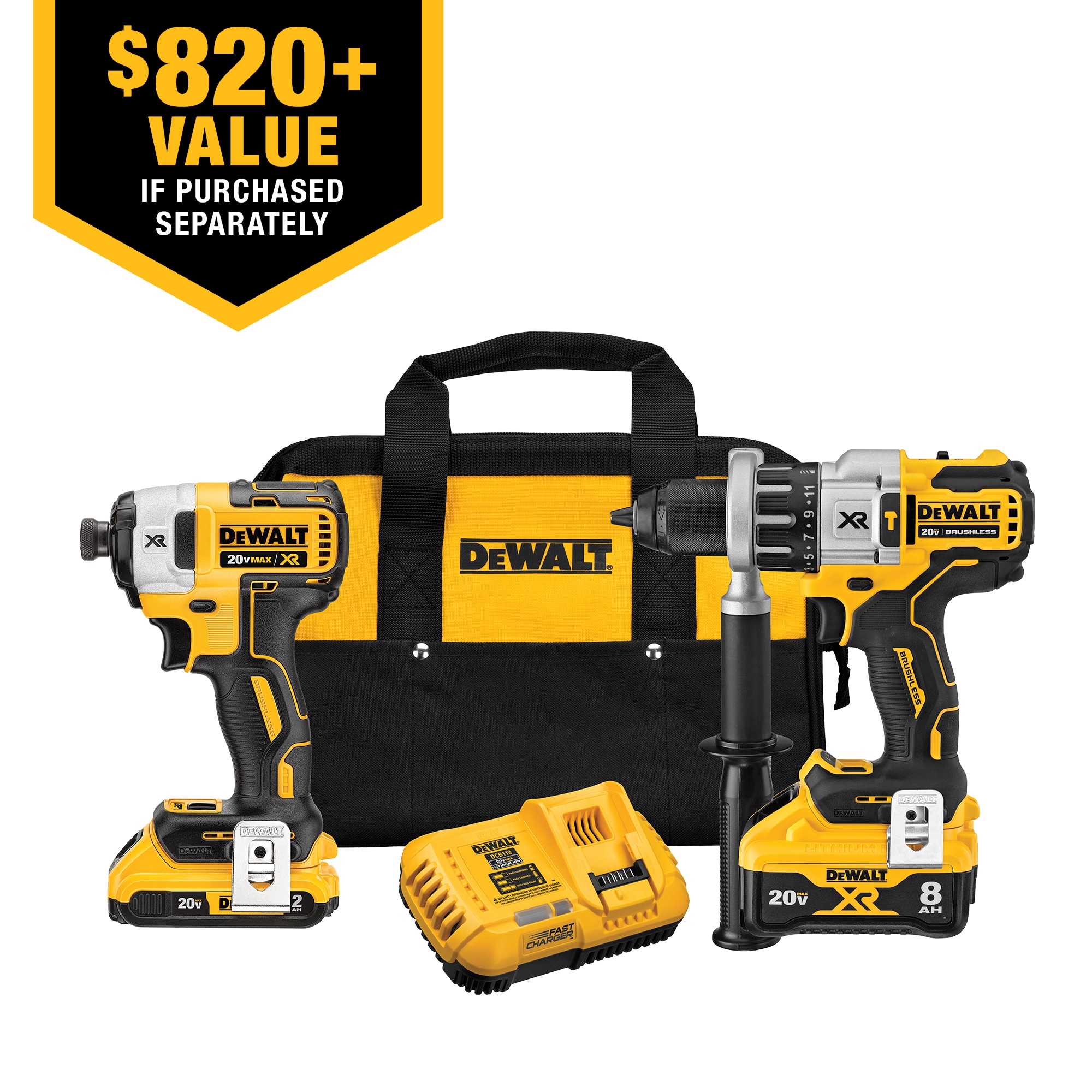 Kit de combo DEWALT XR POWER DETECT de 2 herramientas inalámbricas sin escobillas de 20 voltios con estuche suave (incluye 2 baterías y cargador) DCK299D1W1.