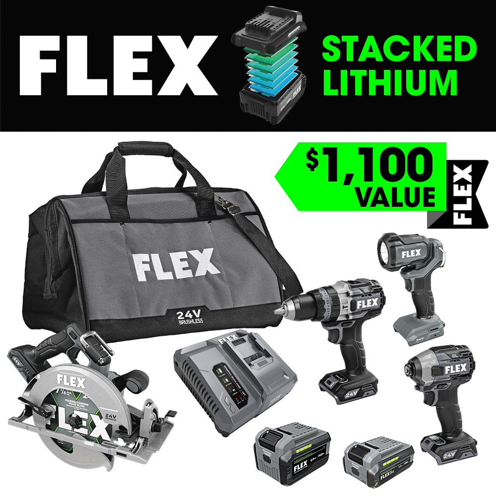 Kit de Combo de Herramientas Eléctricas sin Escobillas de 24 voltios FLEX de 4 Herramientas con Estuche Blando (2 Baterías Incluidas y Cargador Incluido) FXM403-2G