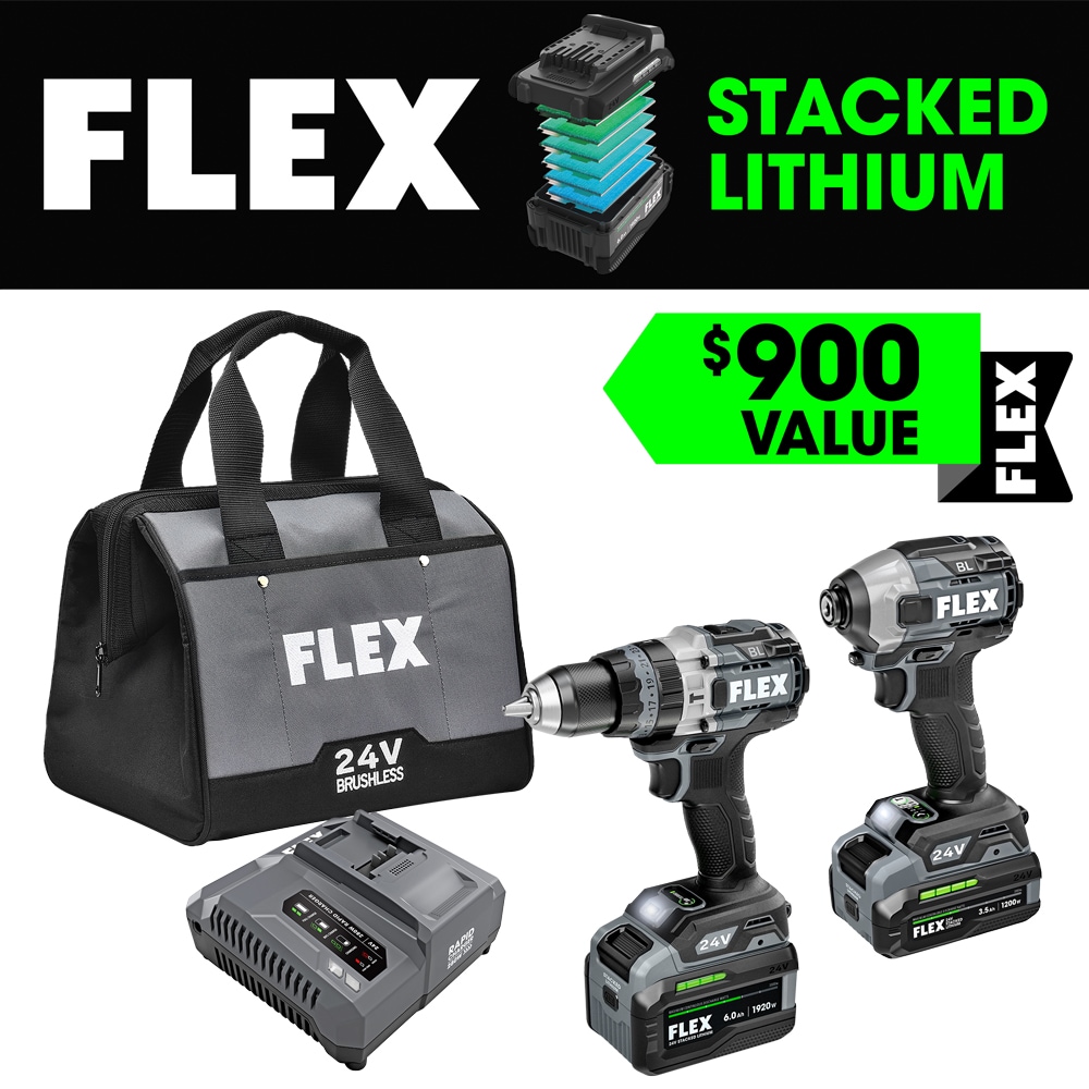 Kit combinado de herramientas eléctricas sin escobillas de 2 herramientas de 24 voltios Flex con estuche suave (incluye 2 baterías y cargador) FXM202-2G