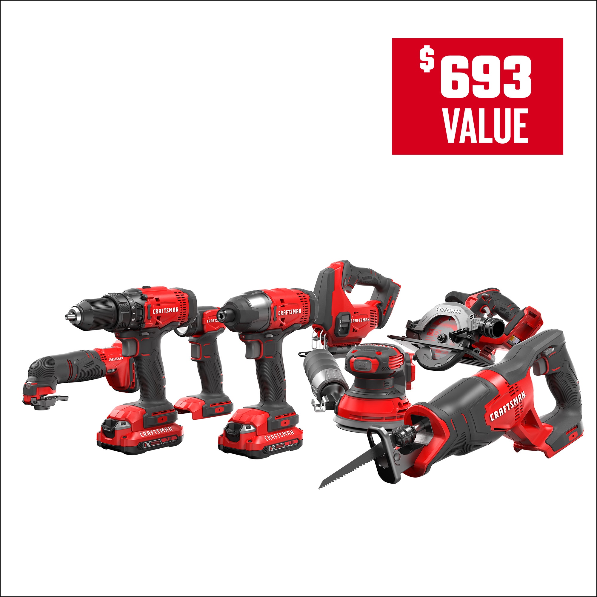 Kit combo de 8 herramientas eléctricas CRAFTSMAN V20 de 20 voltios máximo con estuche blando (2 baterías incluidas y cargador incluido) CMCK801D2.