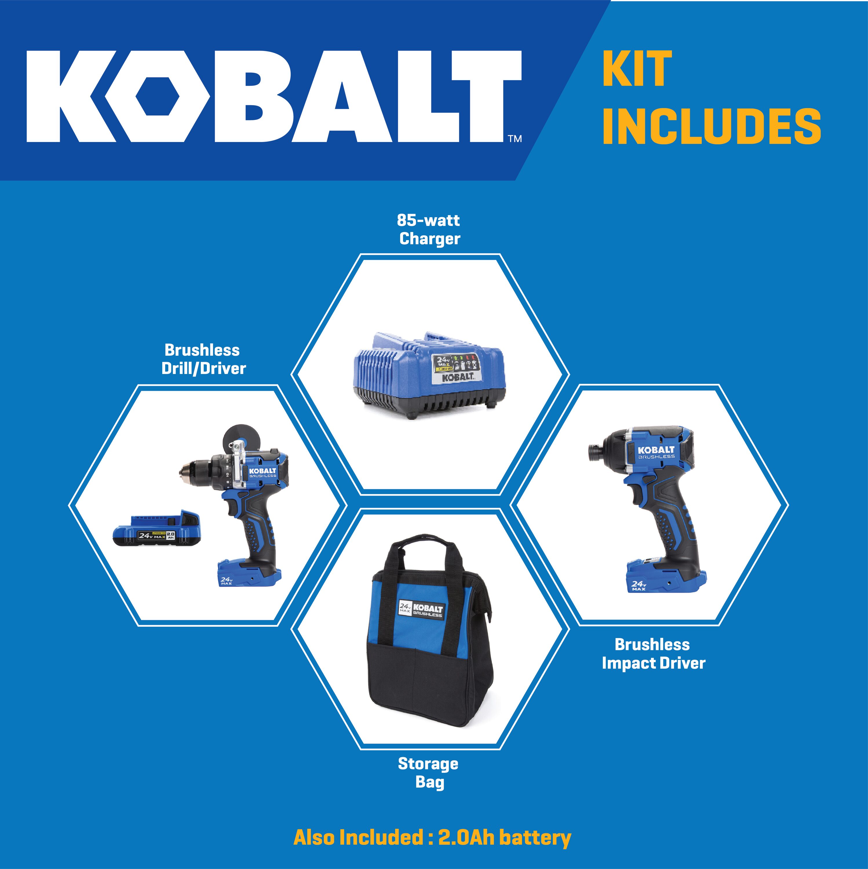 Kit combo de herramientas eléctricas sin escobillas de 24 voltios de Kobalt con estuche suave (incluye 1 batería y cargador)