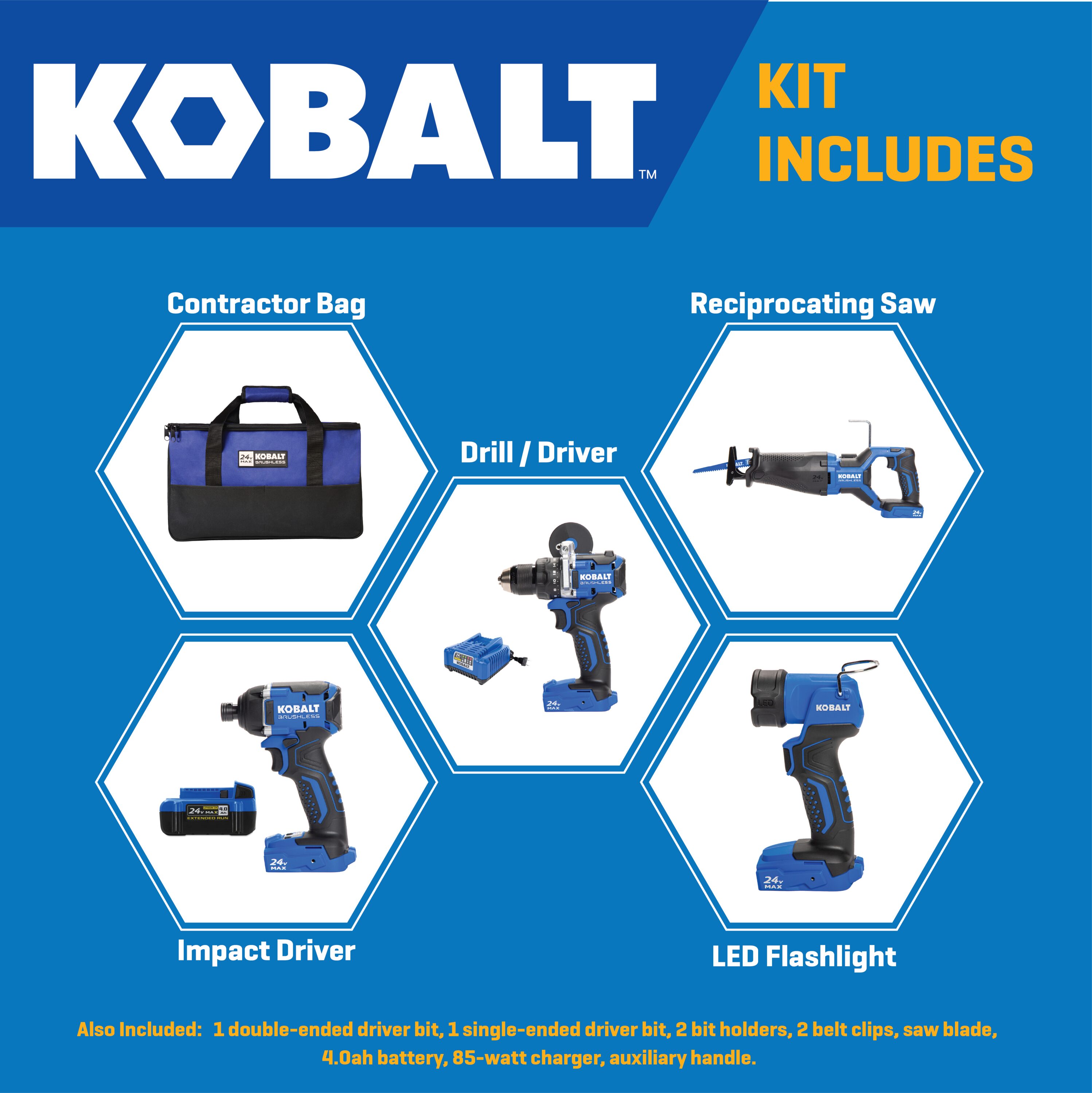 Kit Combo de Herramientas Eléctricas sin Escobillas Kobalt de 24 voltios con Estuche Suave (Incluye 1 Batería y Cargador) KLC 4324A-03