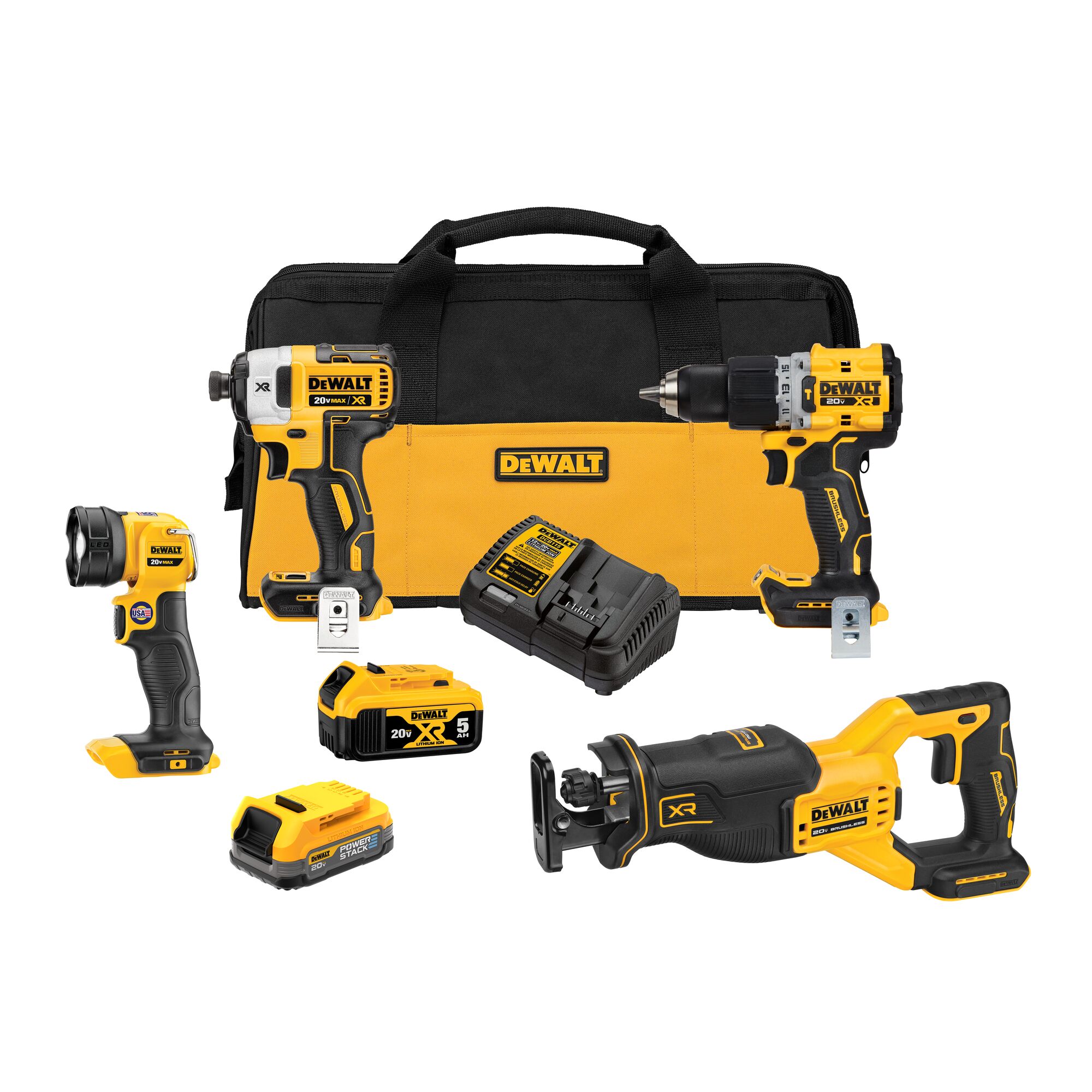 Kit Combo DEWALT 20V MAX XR con 4 herramientas sin escobillas, batería compacta POWERSTACK, batería de 5.0Ah, cargador y bolsa de herramientas.