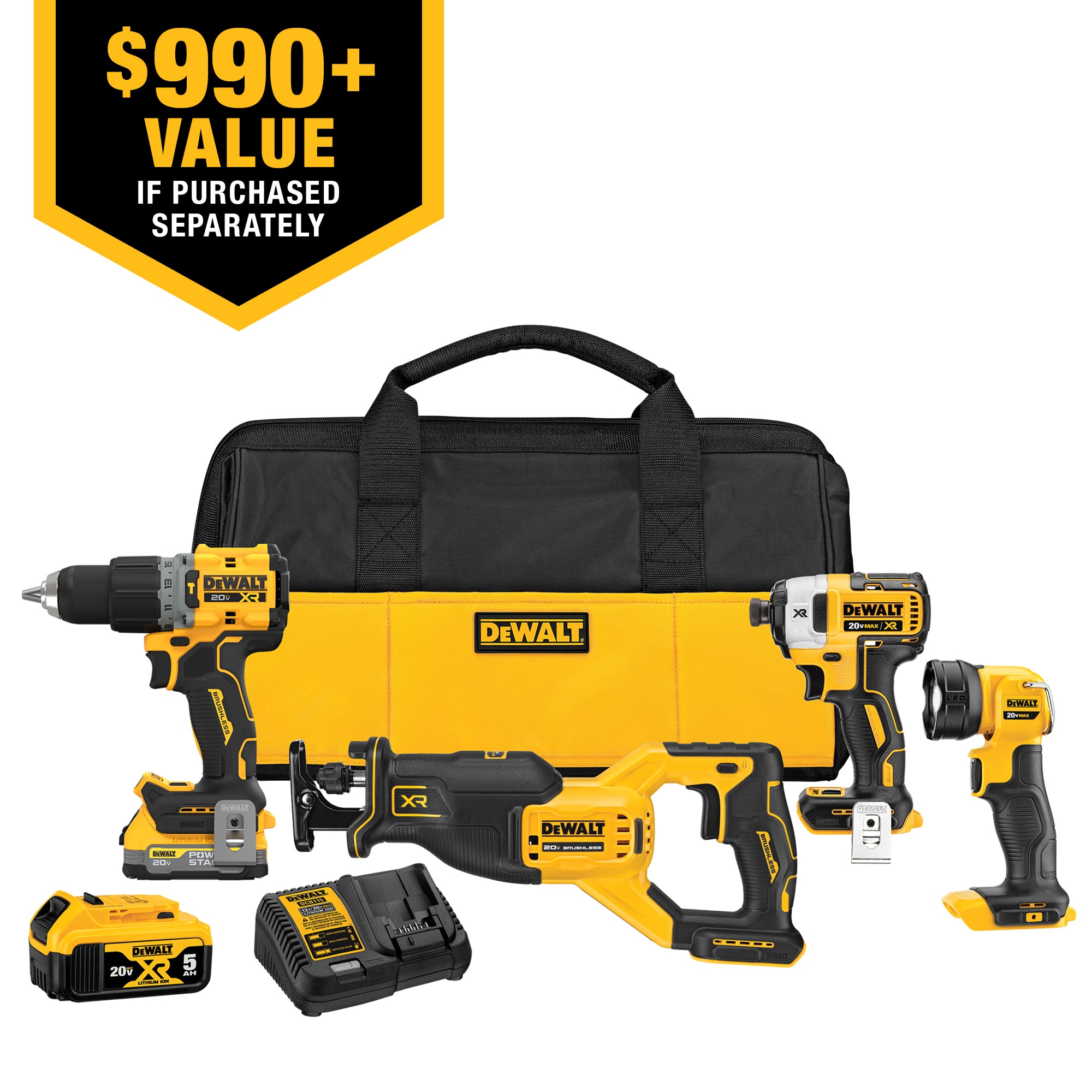 Kit Combo DEWALT 20V MAX XR con 4 herramientas sin escobillas, batería compacta POWERSTACK, batería de 5.0Ah, cargador y bolsa de herramientas.