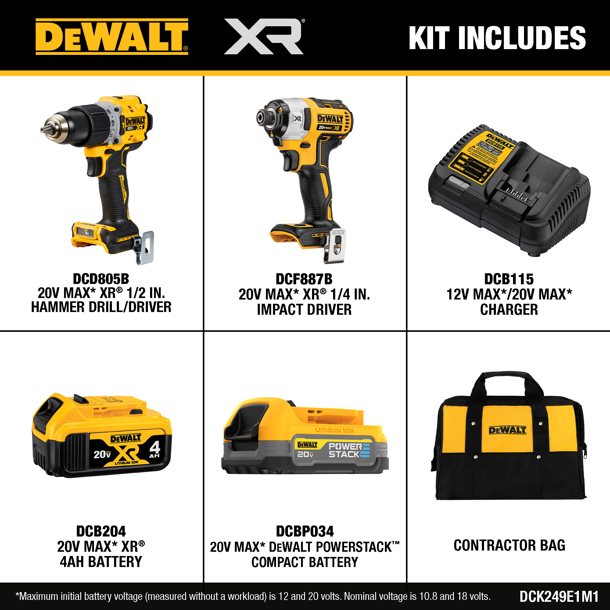 Kit de Impacto DEWALT 20V MAX XR HD con 2 Baterías, Cargador y Bolsa de Herramientas DCK249E1M1
