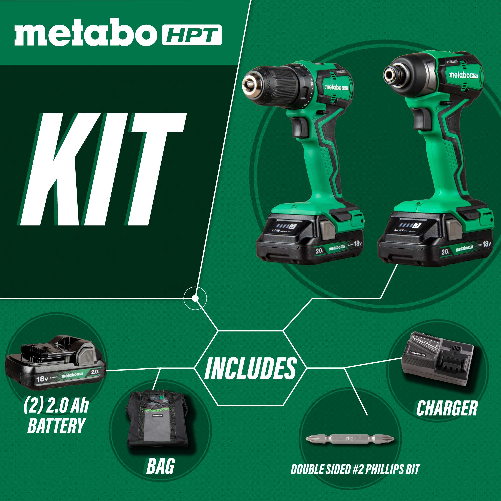 Kit Combo de Herramientas Eléctricas sin Escobillas Metabo HPT de 18 Voltios con Estuche Blando (Incluye 2 Baterías y Cargador) KC18DDXSM