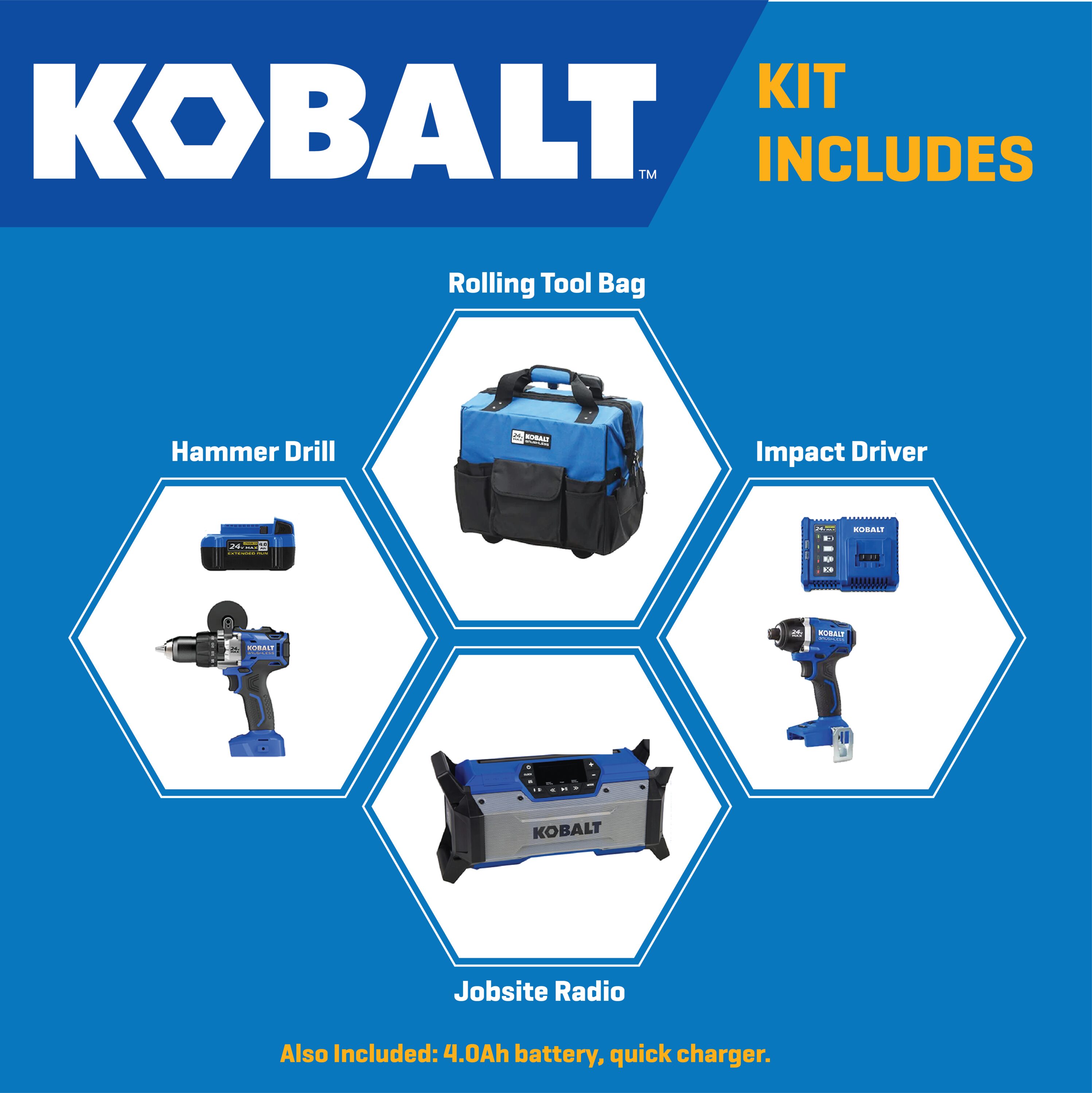 Kit de combinación de 3 herramientas eléctricas sin escobillas de 24 voltios de Kobalt con estuche rodante suave (1 batería incluida y cargador incluido) KLC 3524A-03