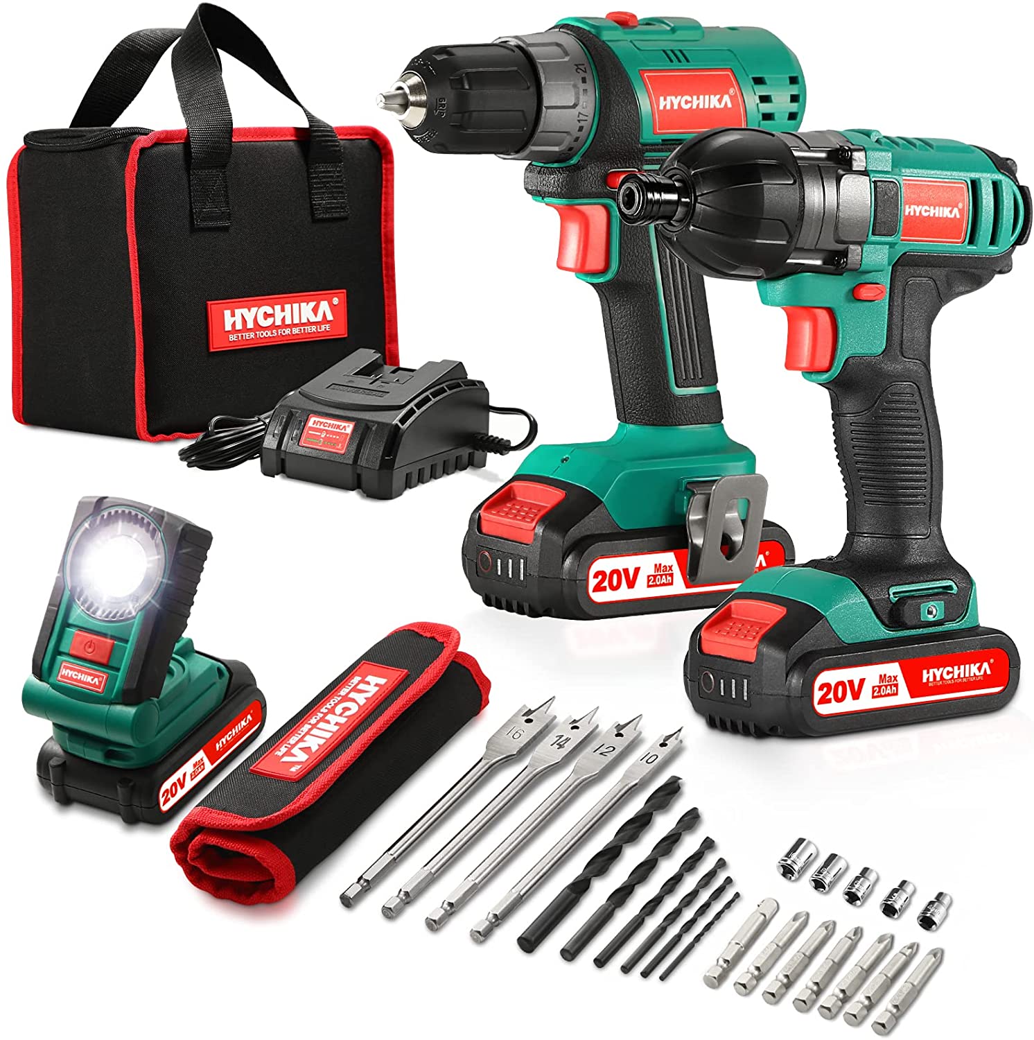 Juego de combo de herramientas eléctricas HYCHIKA de 20 voltios Max con estuche suave (2 baterías y cargador incluidos) CK18BF
