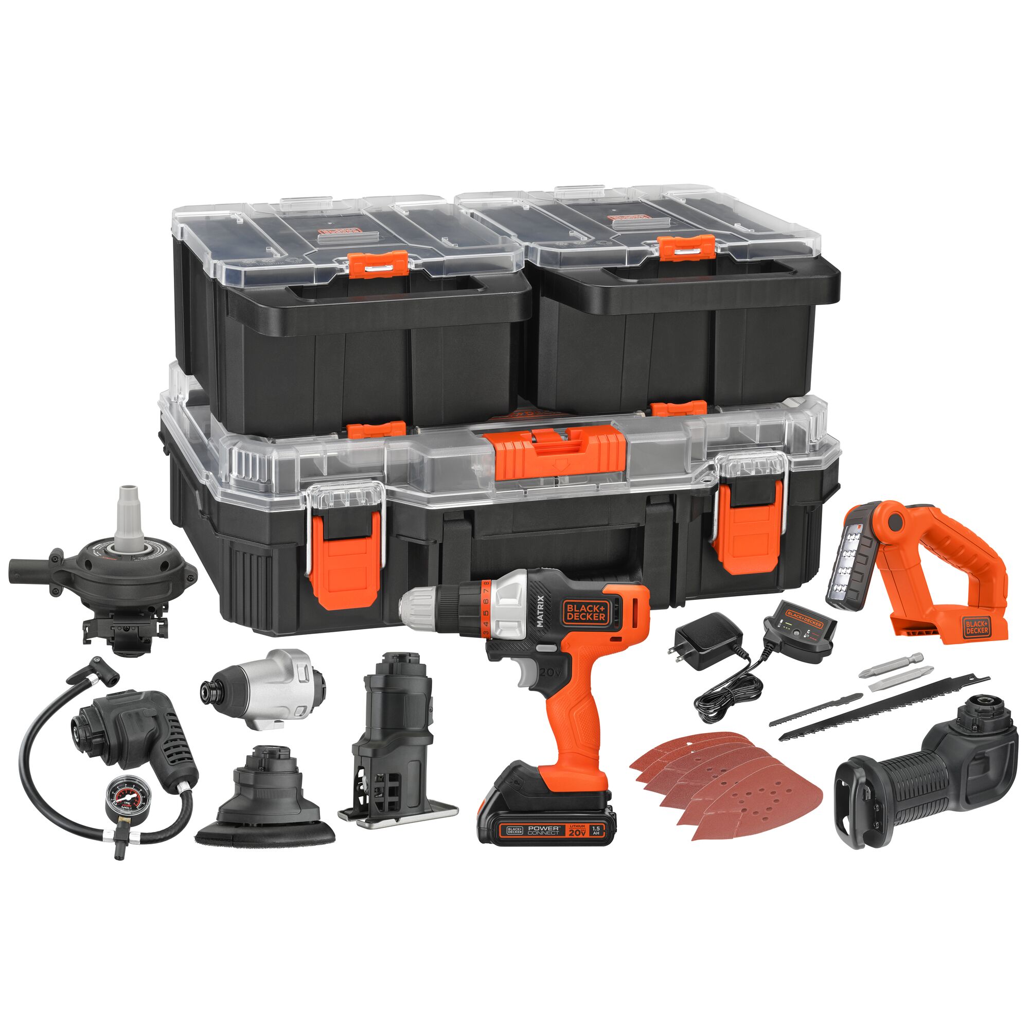 Kit Combo de Herramientas Eléctricas BLACK+DECKER de 20 voltios Max con 8 herramientas y estuche resistente (Incluye 1 batería y cargador) BDCDMT1208KITC1