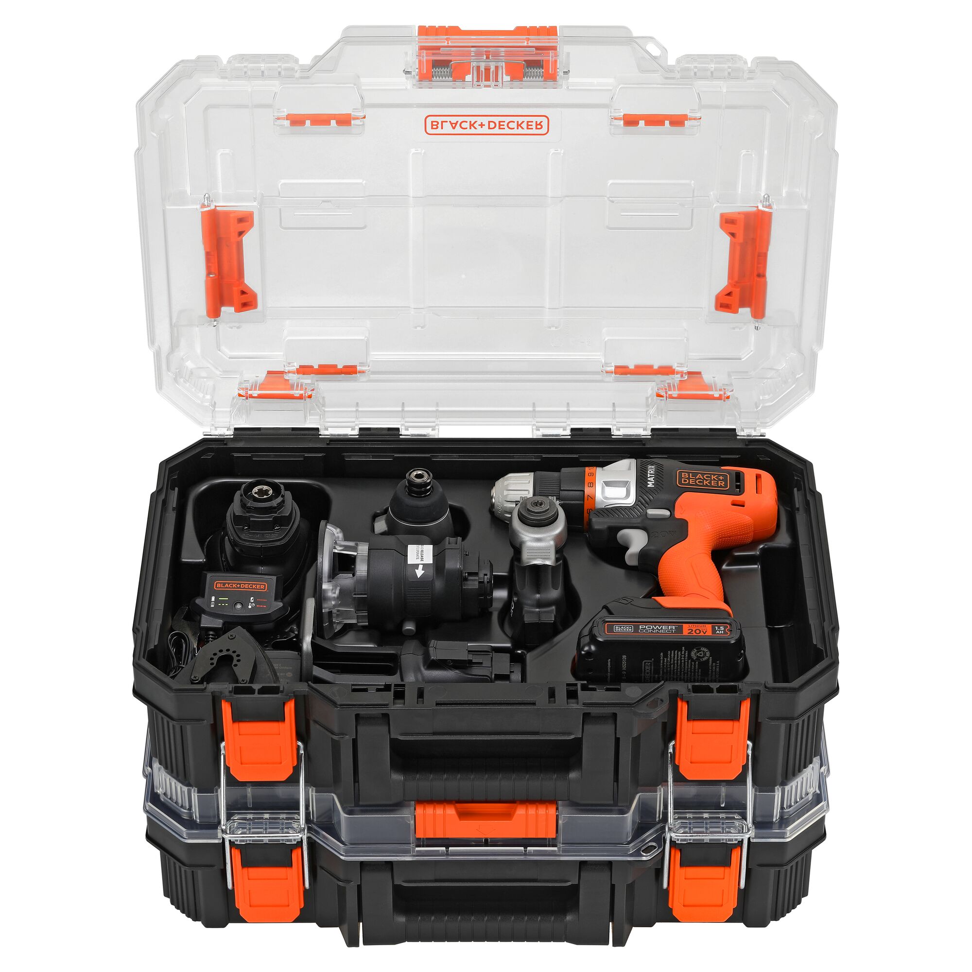 Kit de herramientas eléctricas BLACK+DECKER MATRIX de 20 voltios con 12 herramientas en estuche rígido (Incluye 1 batería y cargador)
