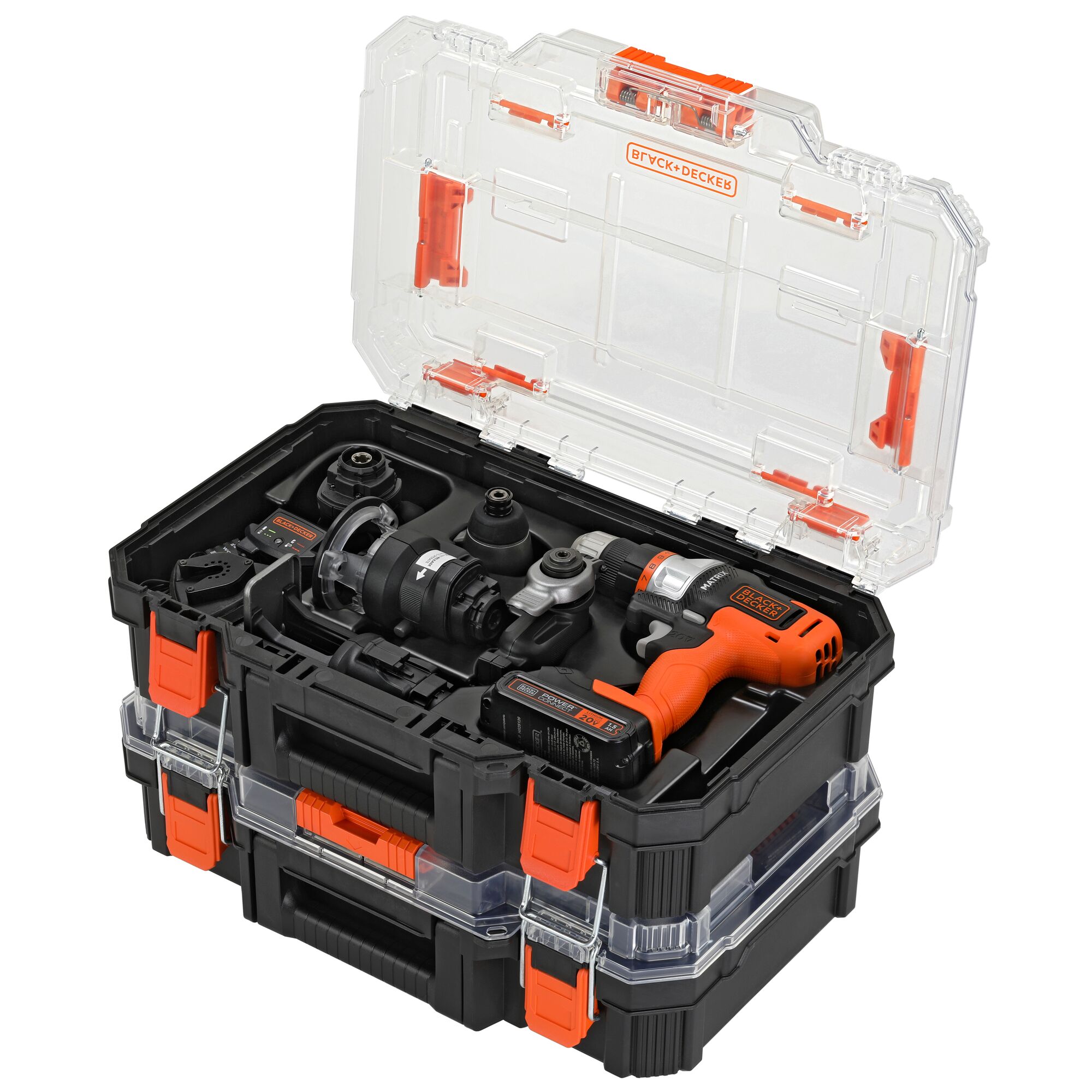 Kit de herramientas eléctricas BLACK+DECKER MATRIX de 20 voltios con 12 herramientas en estuche rígido (Incluye 1 batería y cargador)