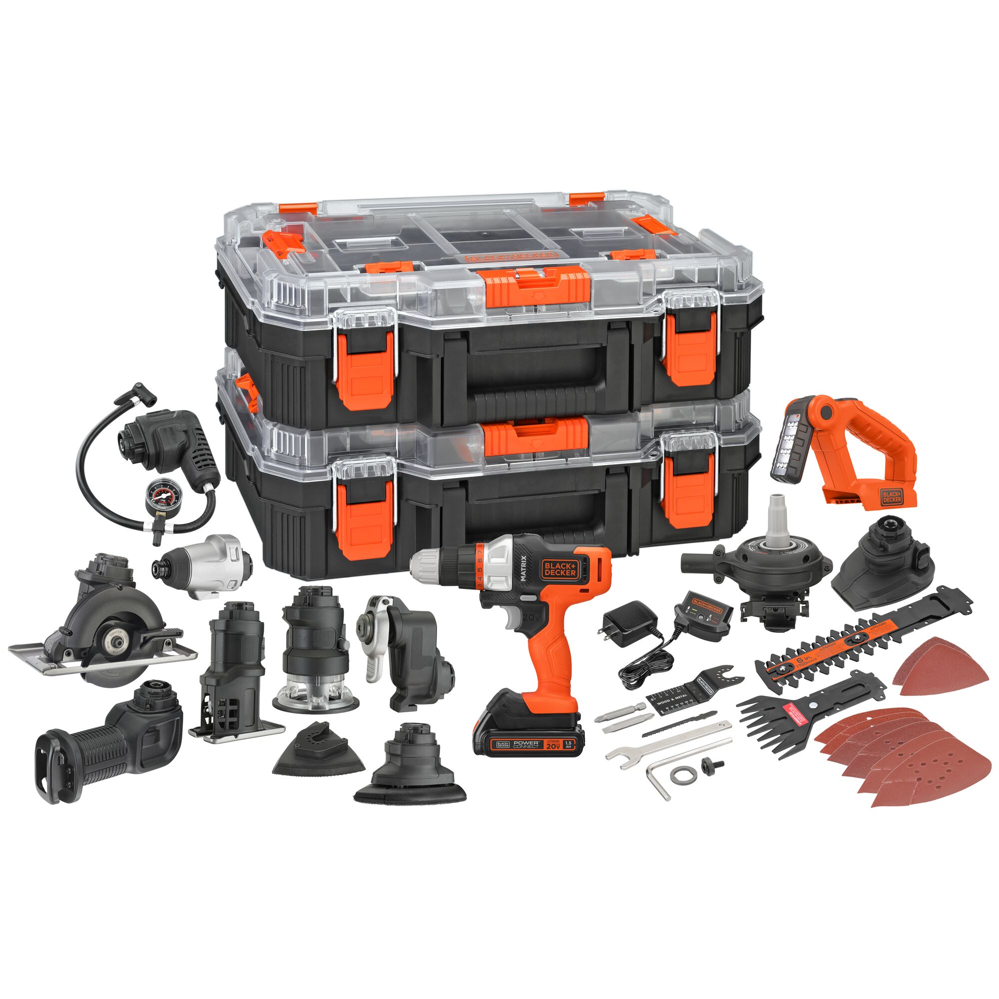Kit de herramientas eléctricas BLACK+DECKER MATRIX de 20 voltios con 12 herramientas en estuche rígido (Incluye 1 batería y cargador)