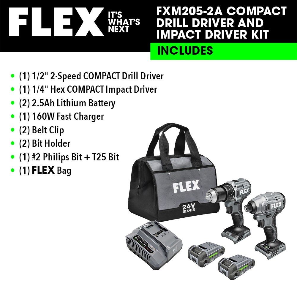 Kit de herramientas eléctricas de 24 voltios y 2 herramientas sin escobillas Flex Compact con estuche blando (2 baterías incluidas y cargador incluido) FXM205-2A